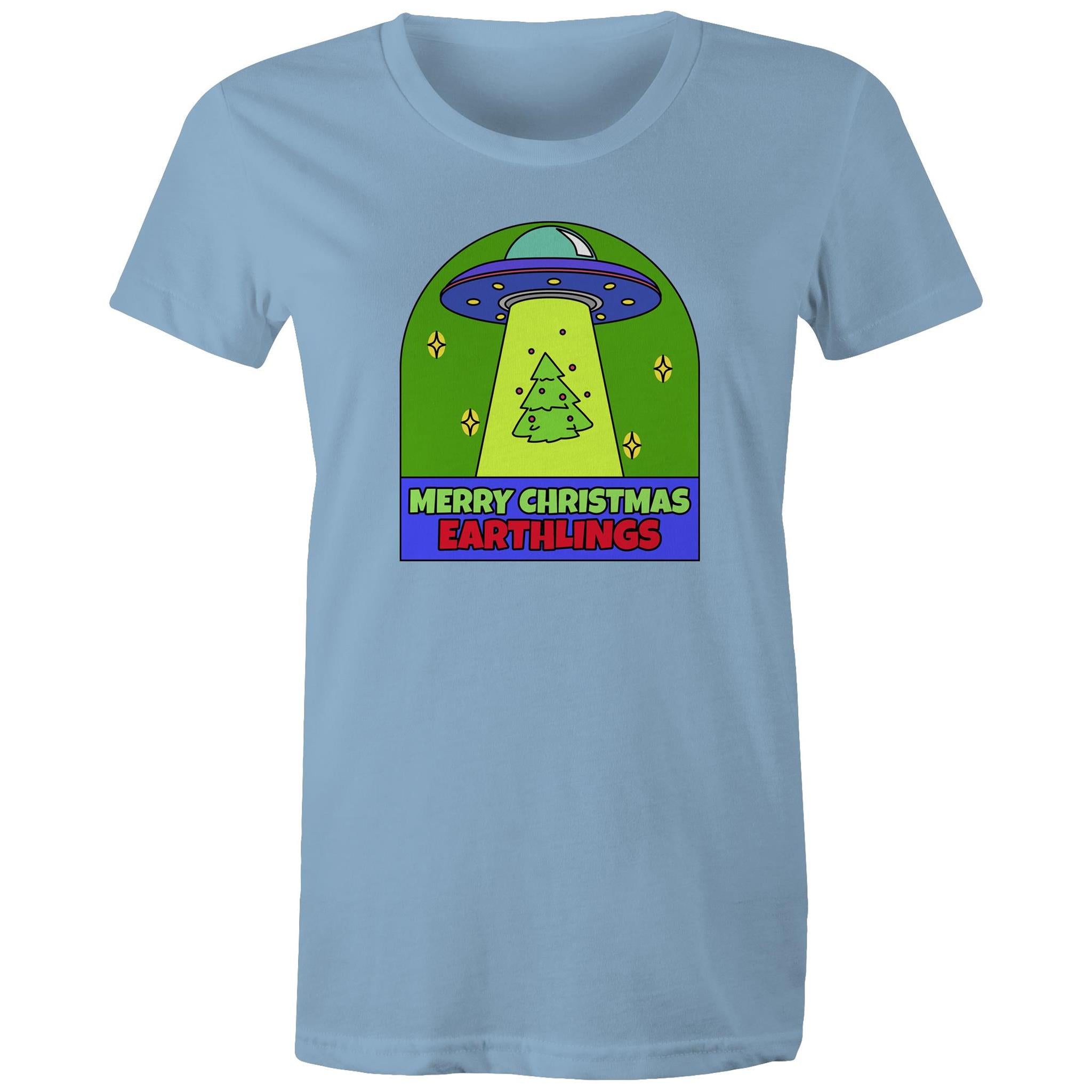 Merry Christmas Earthlings, UFO - Womens T-shirt Carolina Blue Womens Christmas T-shirt Christmas Printed In Australia