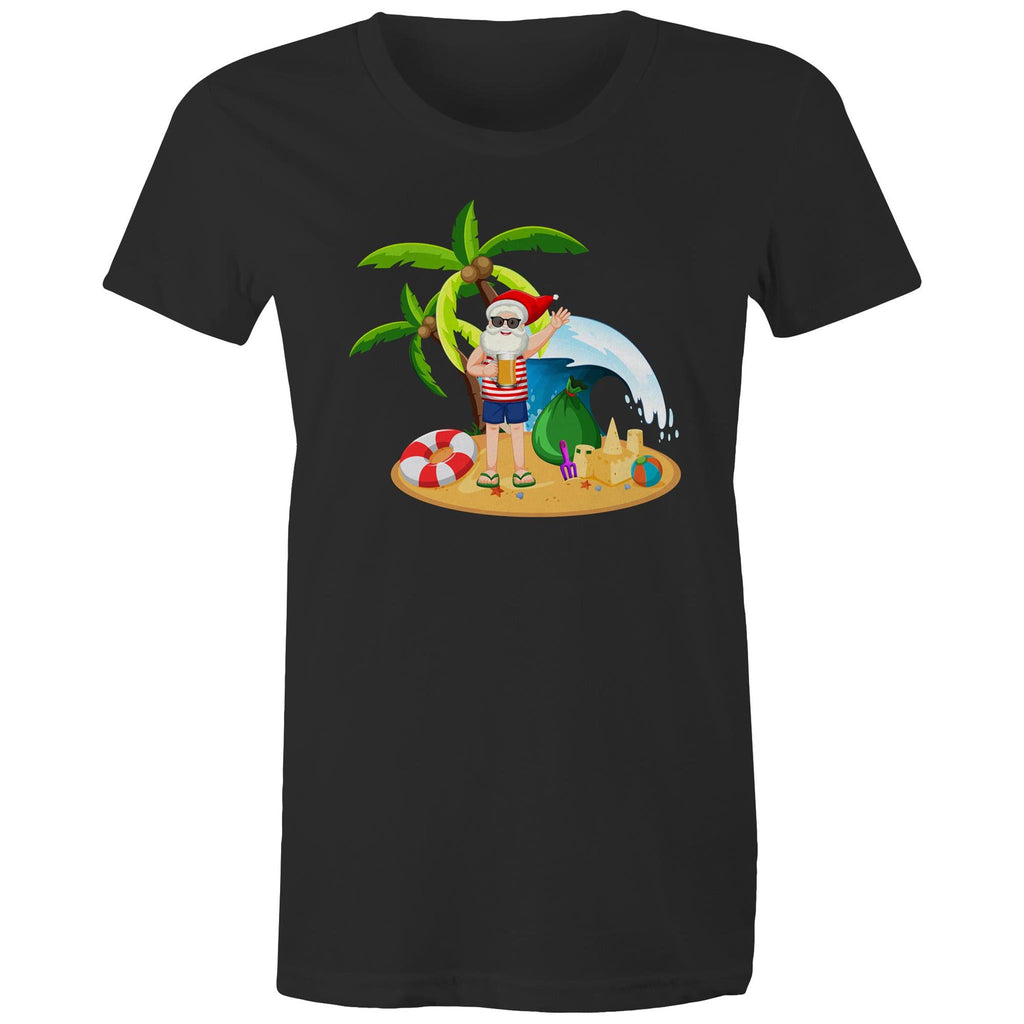 Summer Surf Santa - Womens T-shirt Black Womens Christmas T-shirt Christmas Printed In Australia
