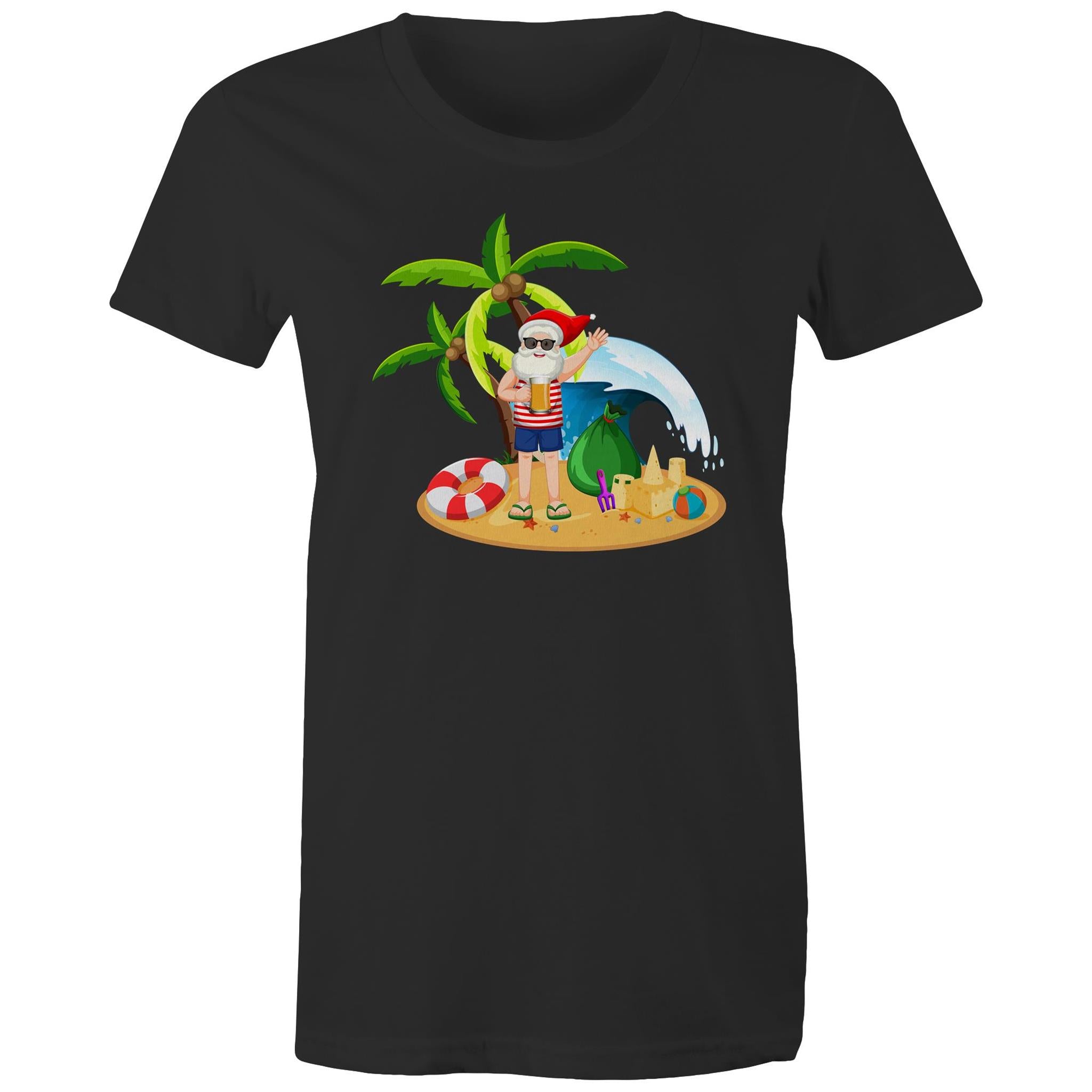 Summer Surf Santa - Womens T-shirt Black Womens Christmas T-shirt Christmas Printed In Australia