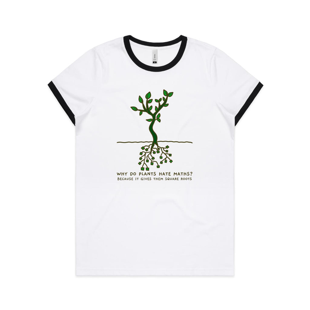 Square Roots, Maths Pun - Women's Ringer Tee White Black Womens Ringer T-shirt Maths Printed In Australia