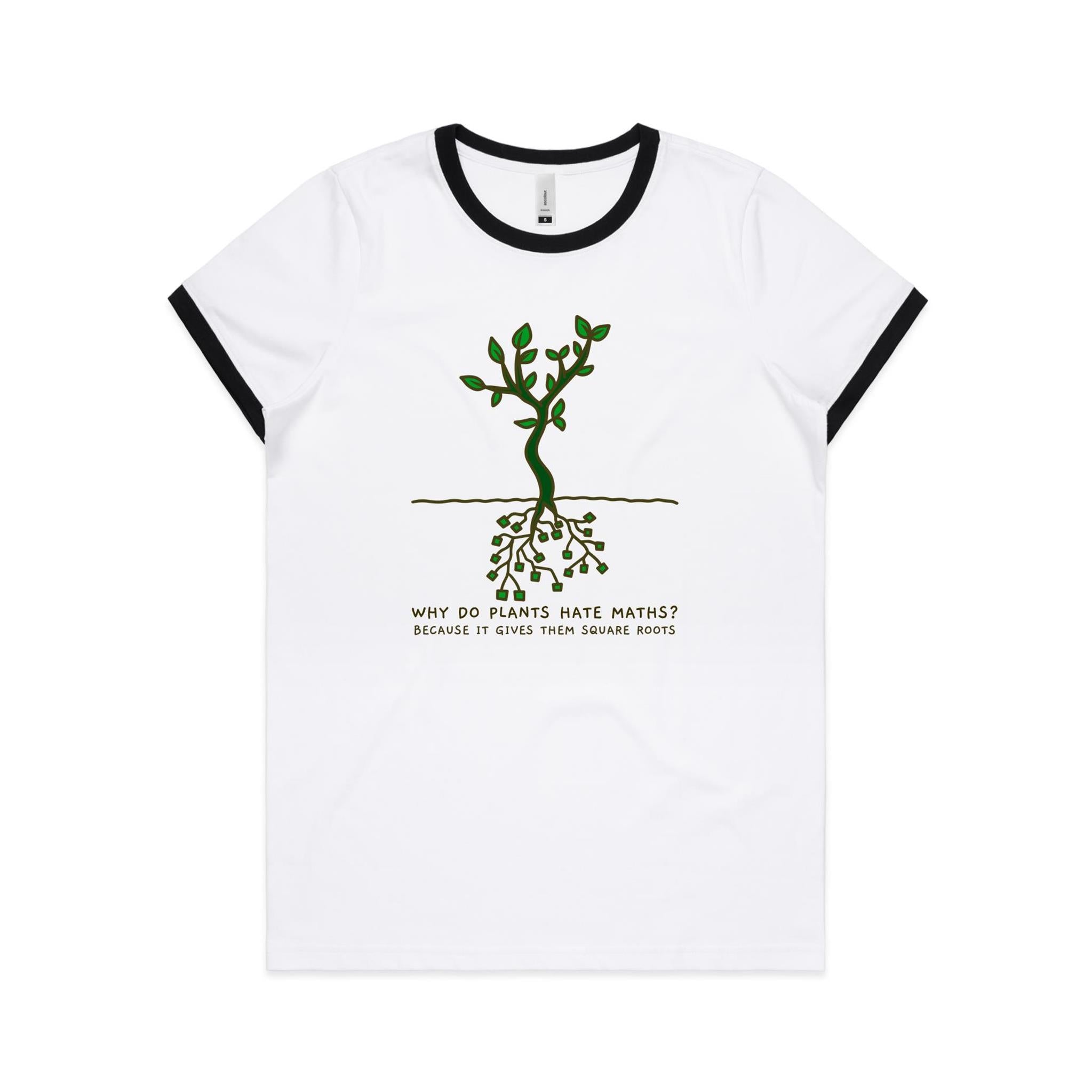Square Roots, Maths Pun - Women's Ringer Tee White Black Womens Ringer T-shirt Maths Printed In Australia