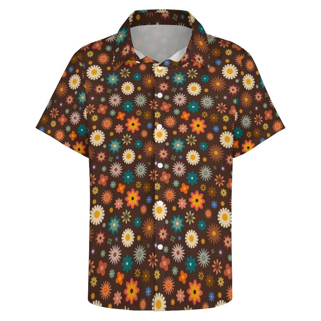 Abstract Floral On Brown Women's Collared Pocketless Short Sleeve Shirt