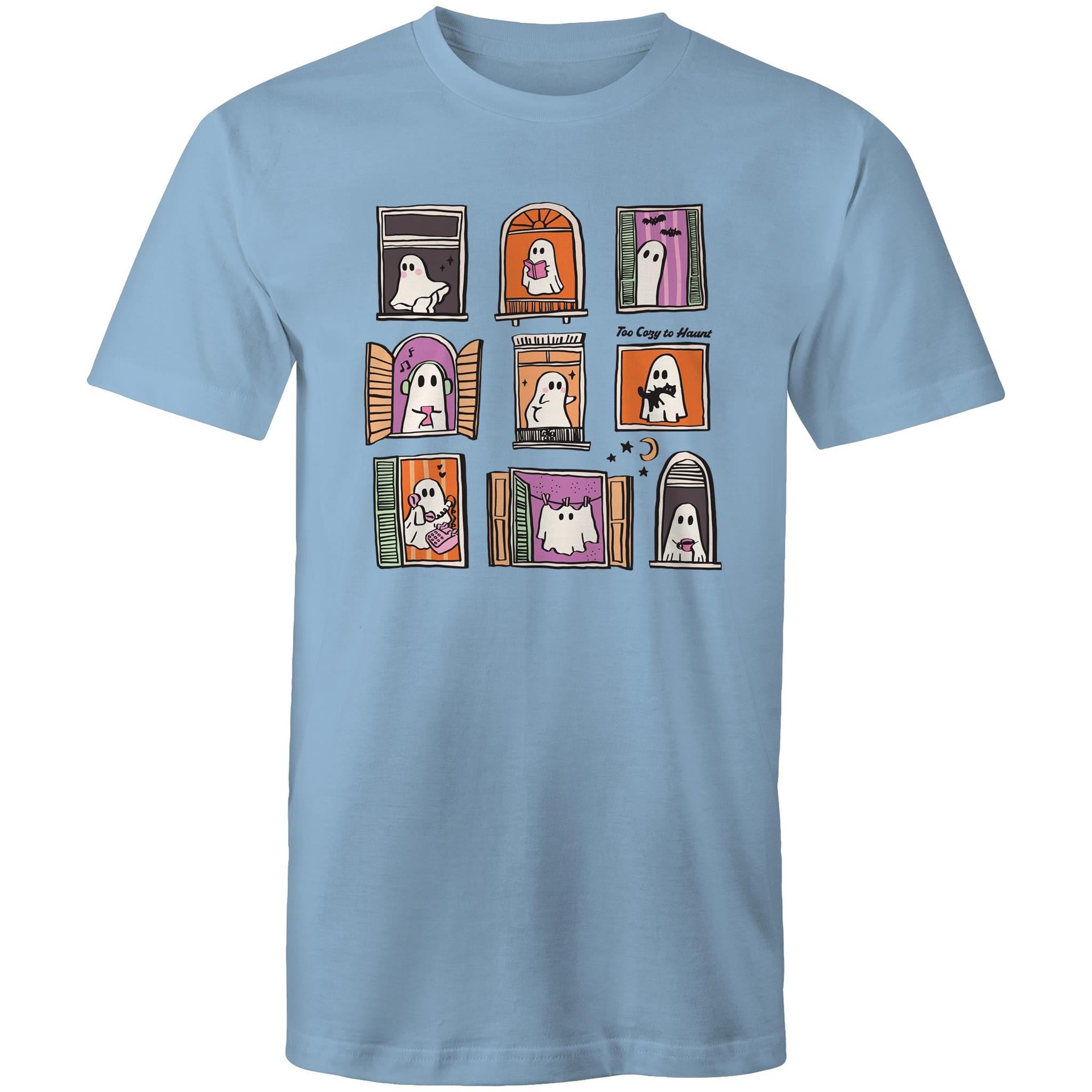 Ghosts In Windows - Mens T-Shirt Carolina Blue Mens T-shirt Halloween Printed In Australia