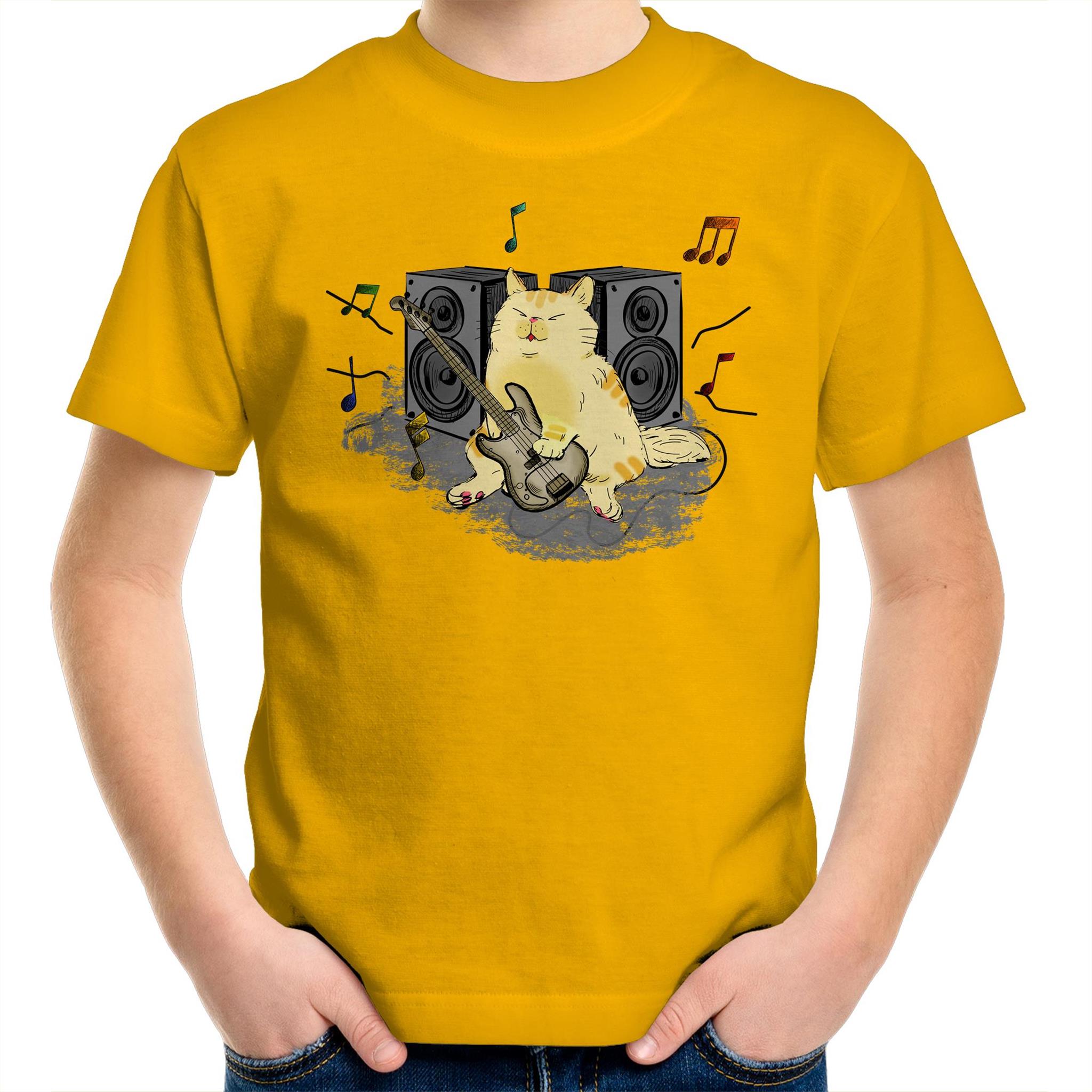 Cat Bass Player - Kids Youth T-Shirt Gold Kids Youth T-shirt animal Music Printed In Australia