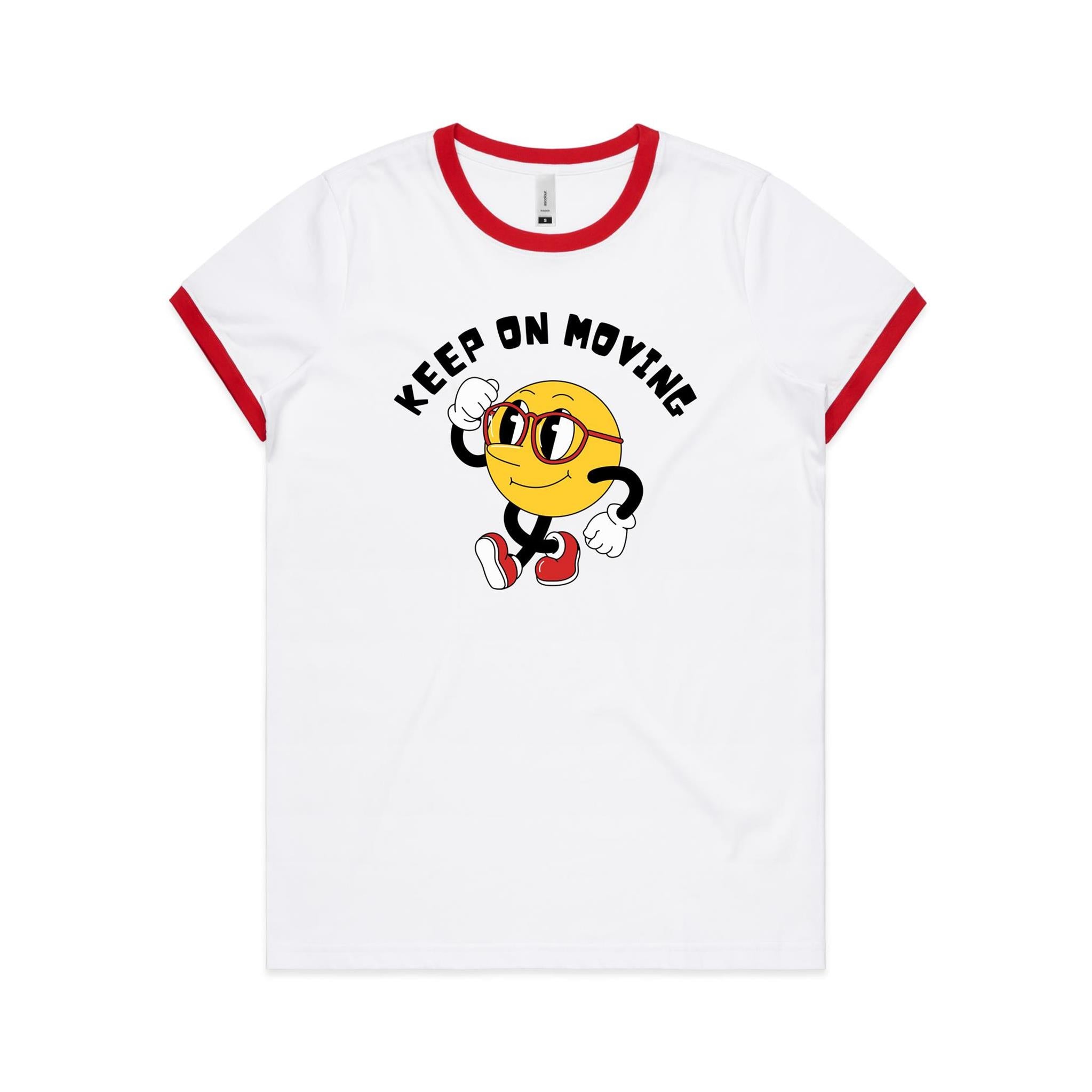Keep On Moving - Women's Ringer Tee White Red Womens Ringer T-shirt Positivity Printed In Australia