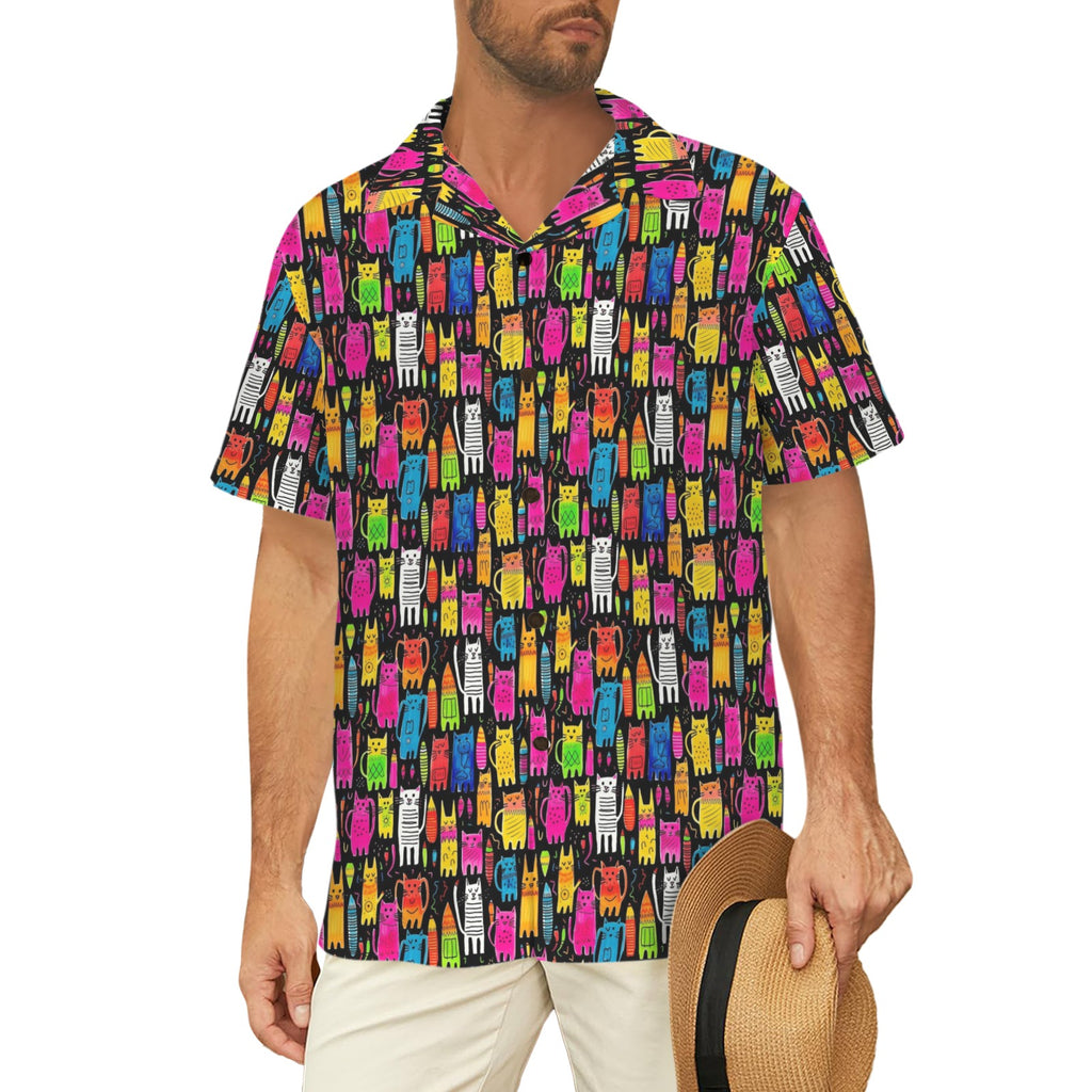 Colourful Cats Men's Short Sleeve Hawaiian Shirt Men's Hawaiian Shirt (New) animal Printed Offshore
