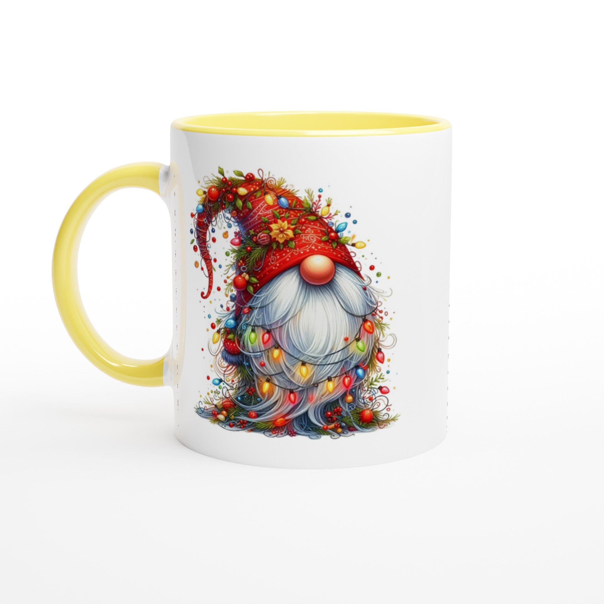 Christmas Gnome Wrapped In Lights - White 11oz Ceramic Mug with Colour Inside Ceramic Yellow Christmas Colour Mug Christmas Globally Fulfilled