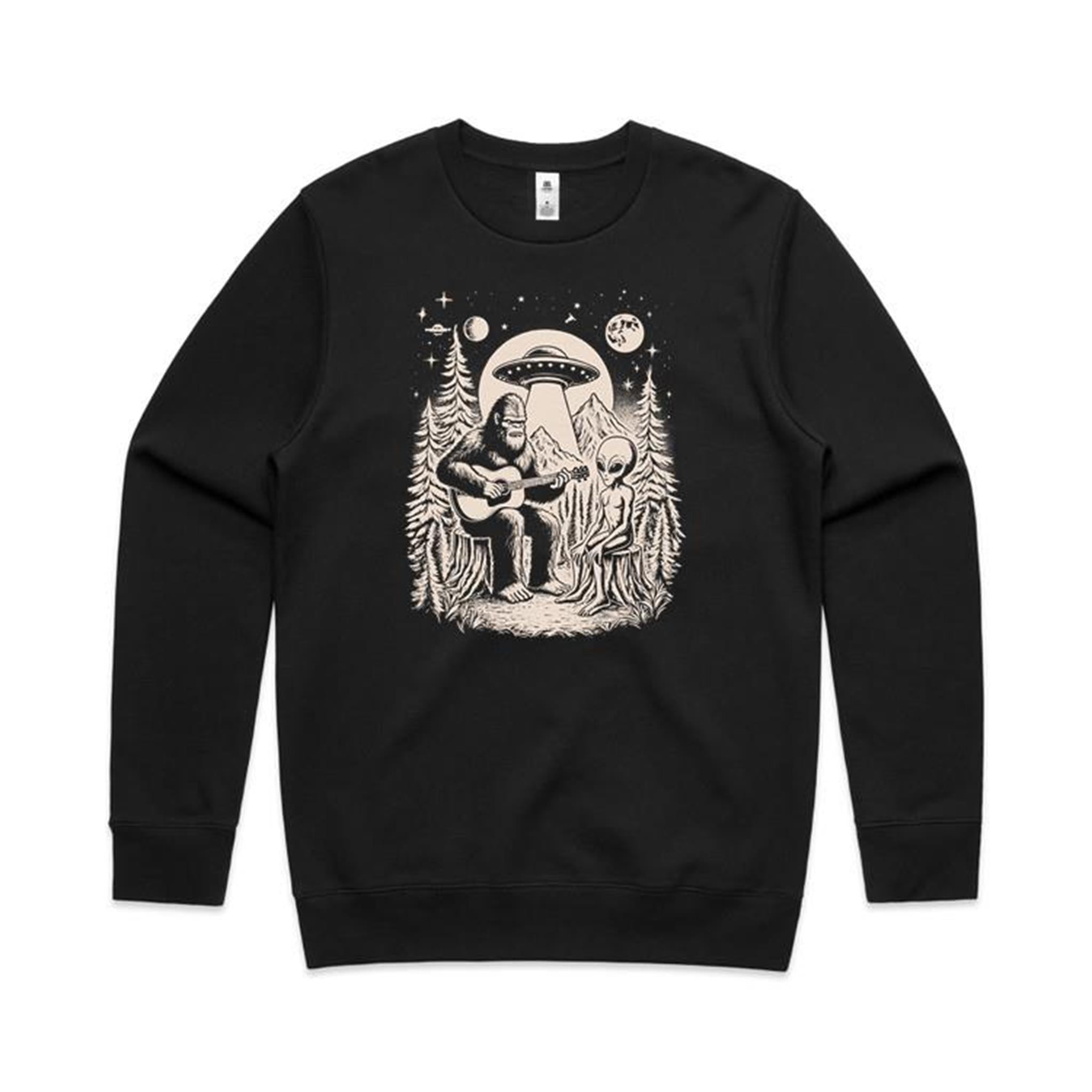 Alien And Bigfoot Playing Guitar - AS Colour Stencil Crew Sweatshirt Black Sweatshirt Music Printed In Australia Sci Fi