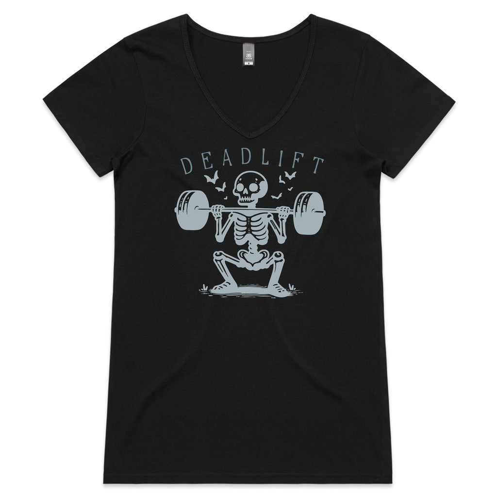 Deadlift Skeleton - Womens V-Neck T-Shirt Black Womens Active V-Neck T-shirt Fitness Printed In Australia