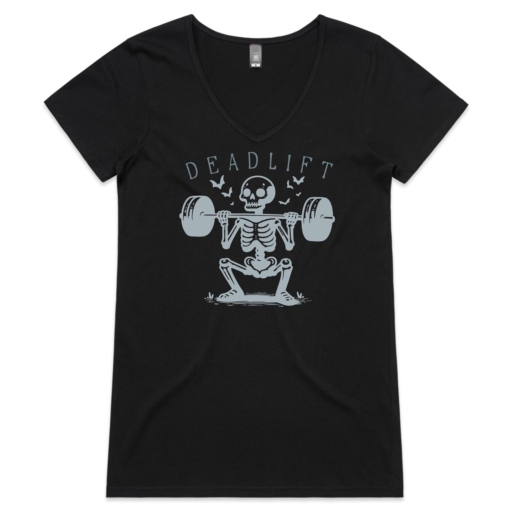 Deadlift Skeleton - Womens V-Neck T-Shirt Black Womens Active V-Neck T-shirt Fitness Printed In Australia