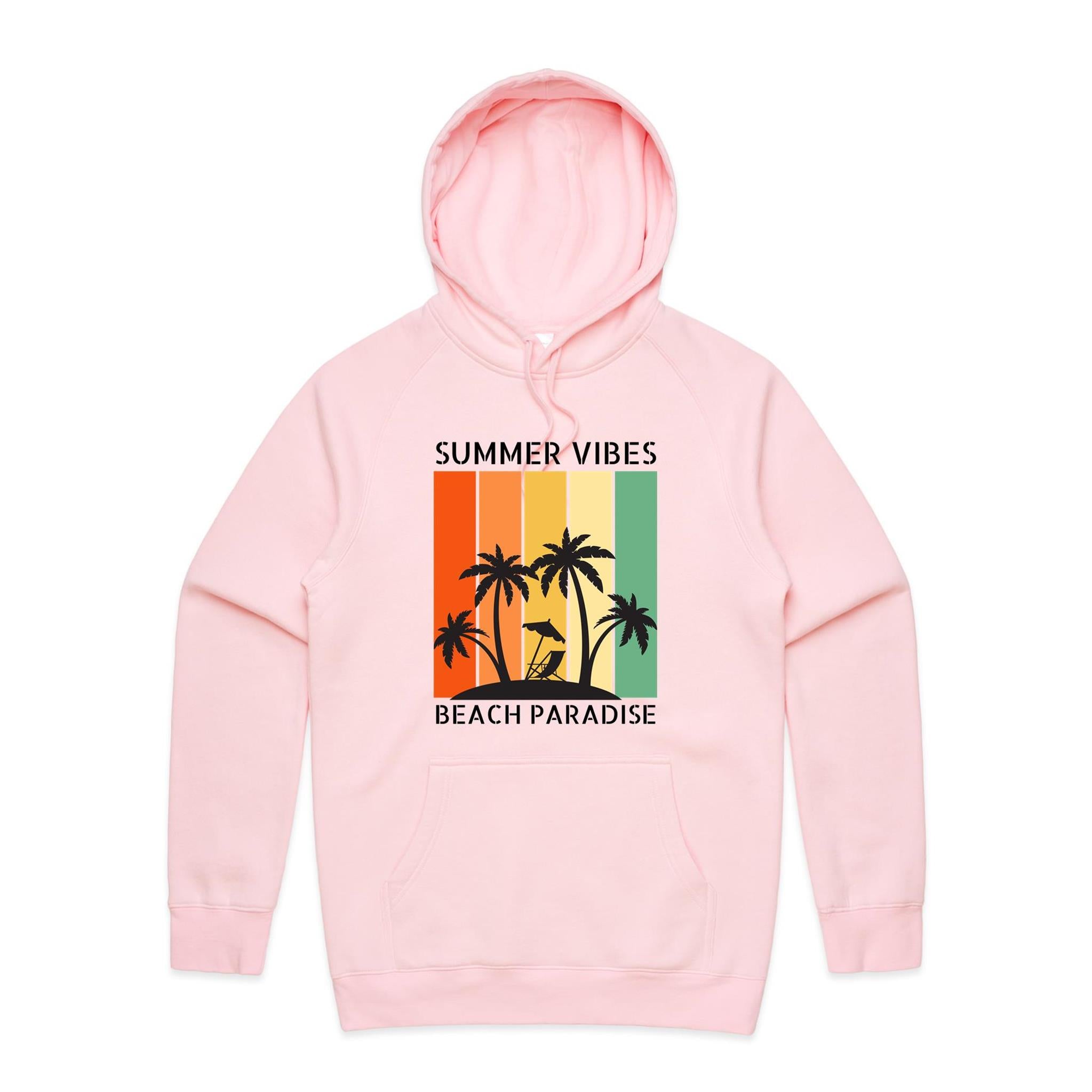 Summer Vibes, Beach Paradise - Mens Hoodie Pink Mens Hoodie Printed In Australia Summer Surf