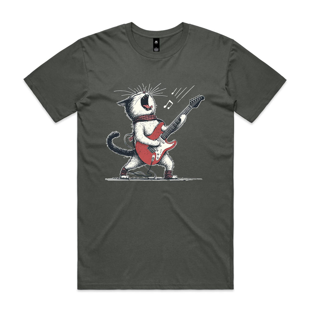 Cat Playing Guitar Men's AS Colour T-shirt Charcoal Mens T-shirt animal Music Printed In Australia