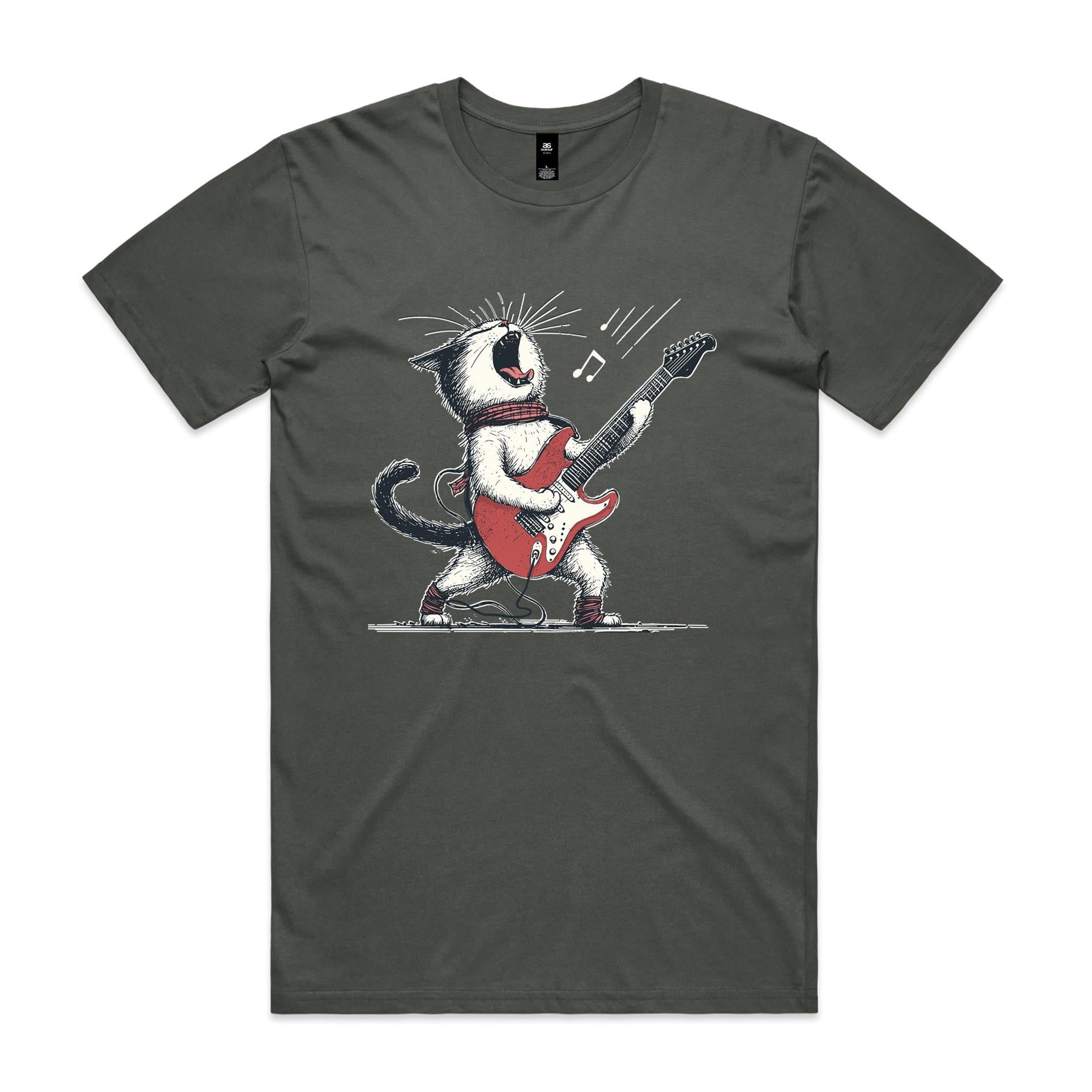 Cat Playing Guitar Men's AS Colour T-shirt Charcoal Mens T-shirt animal Music Printed In Australia