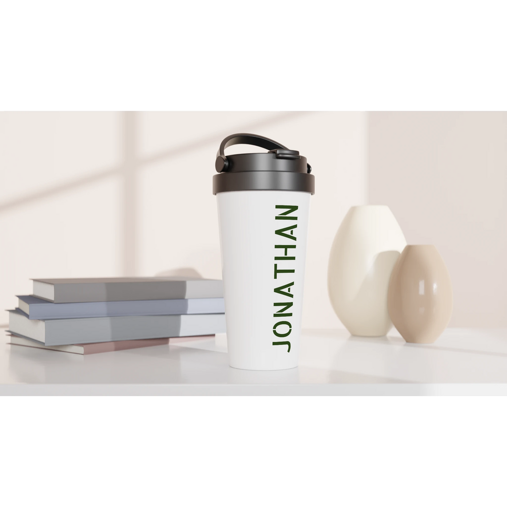 Personalise - Vertical Name In Stencil Font - White 15oz Stainless Steel Travel Mug Personalised Travel Mug customise Globally Fulfilled Name personalise