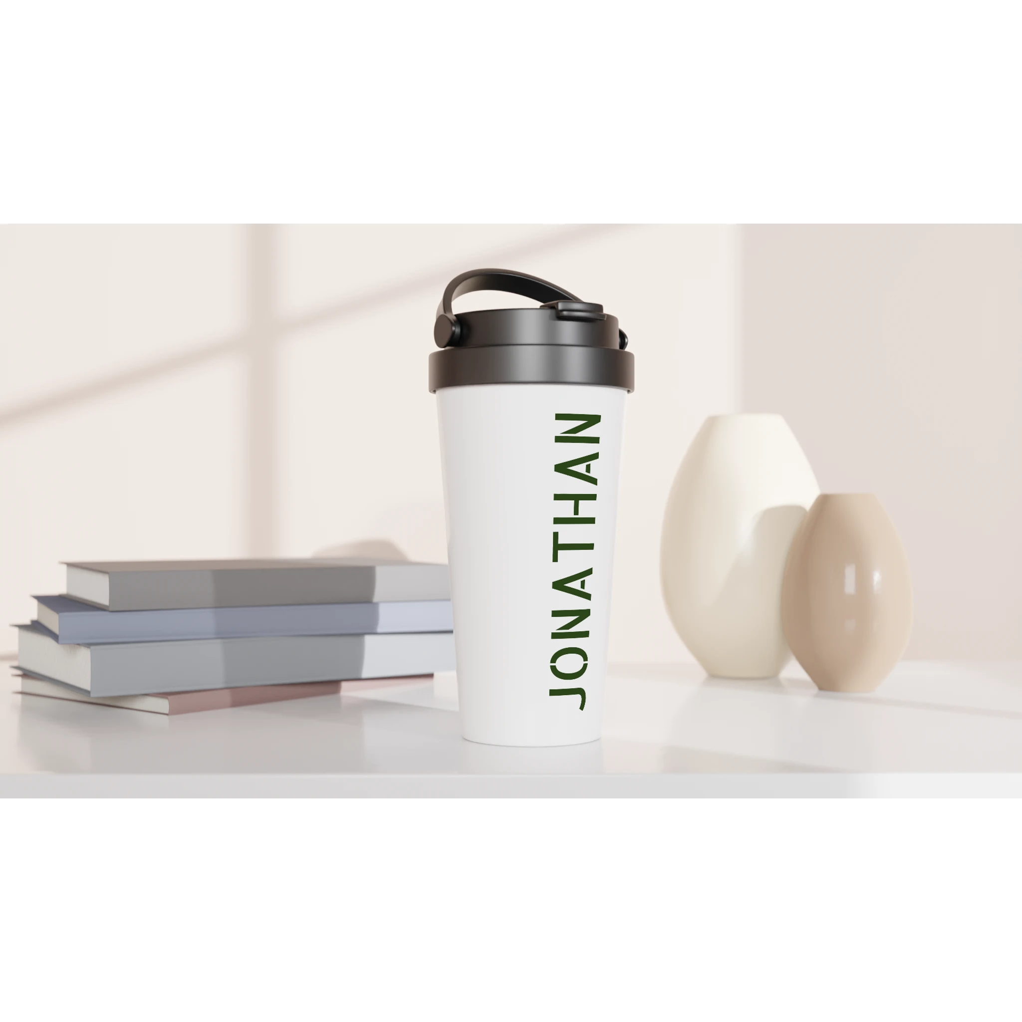 Personalise - Vertical Name In Stencil Font - White 15oz Stainless Steel Travel Mug Personalised Travel Mug customise Globally Fulfilled Name personalise