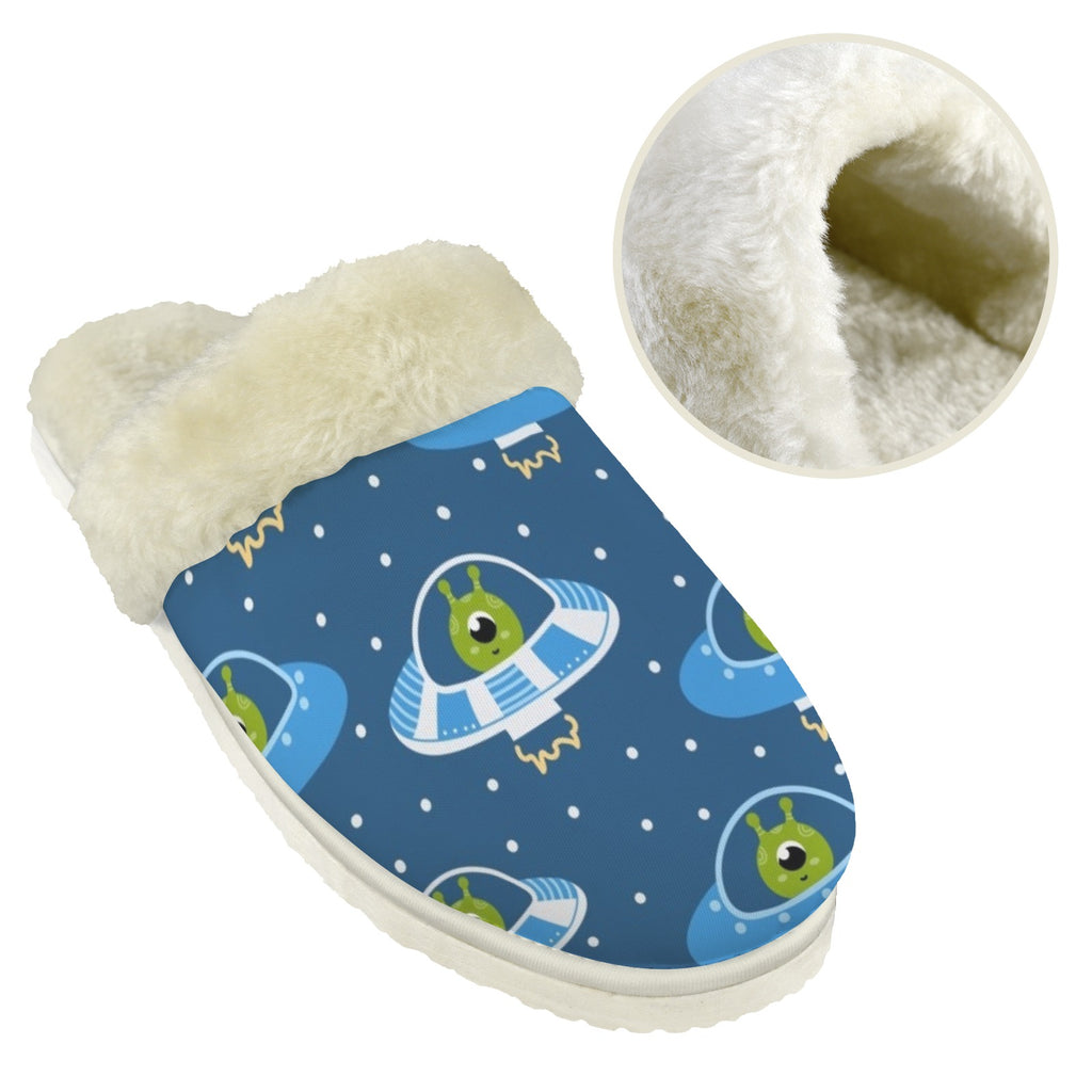 Cute Aliens in UFOs Women's Fur Trim Thick-Sole Indoor Slippers Women's Fur Trimmed Slippers Printed Offshore Sci Fi