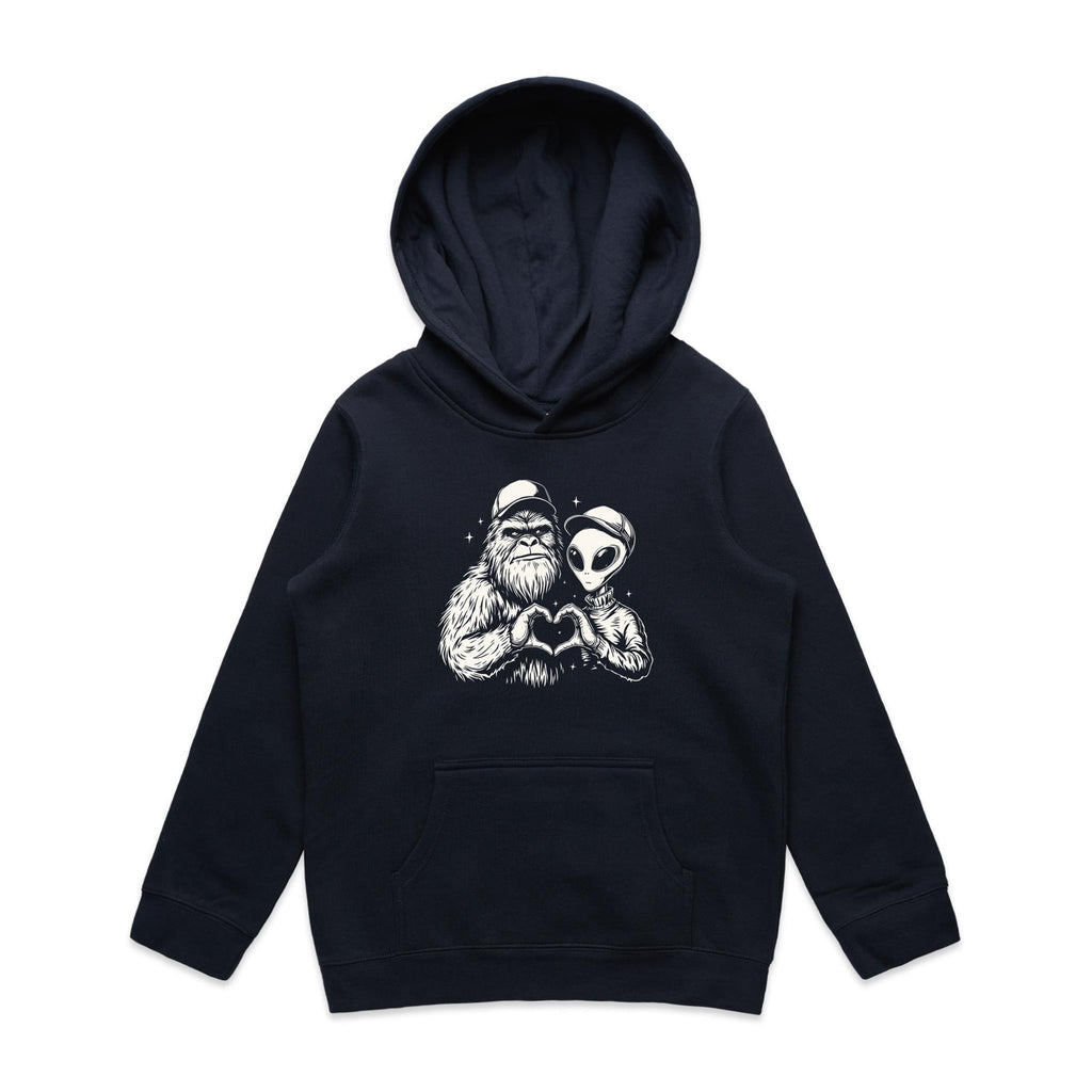 Alien Bigfoot Heart Hands - Kids Hoodie Navy Kids Hoodie Love Printed In Australia Sci Fi