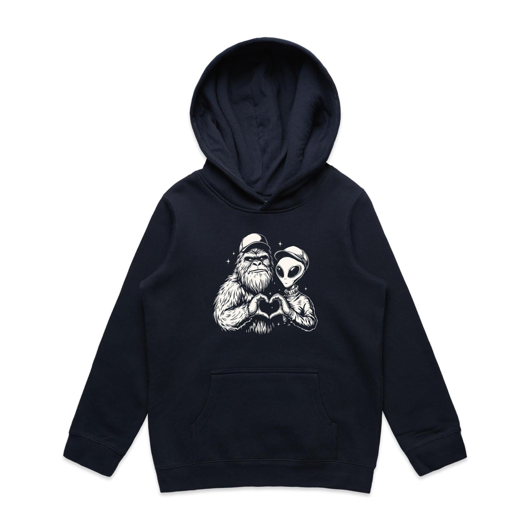 Alien Bigfoot Heart Hands - Kids Hoodie Navy Kids Hoodie Love Printed In Australia Sci Fi