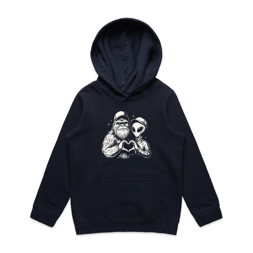 Alien Bigfoot Heart Hands - Kids Hoodie Navy Kids Hoodie Love Printed In Australia Sci Fi