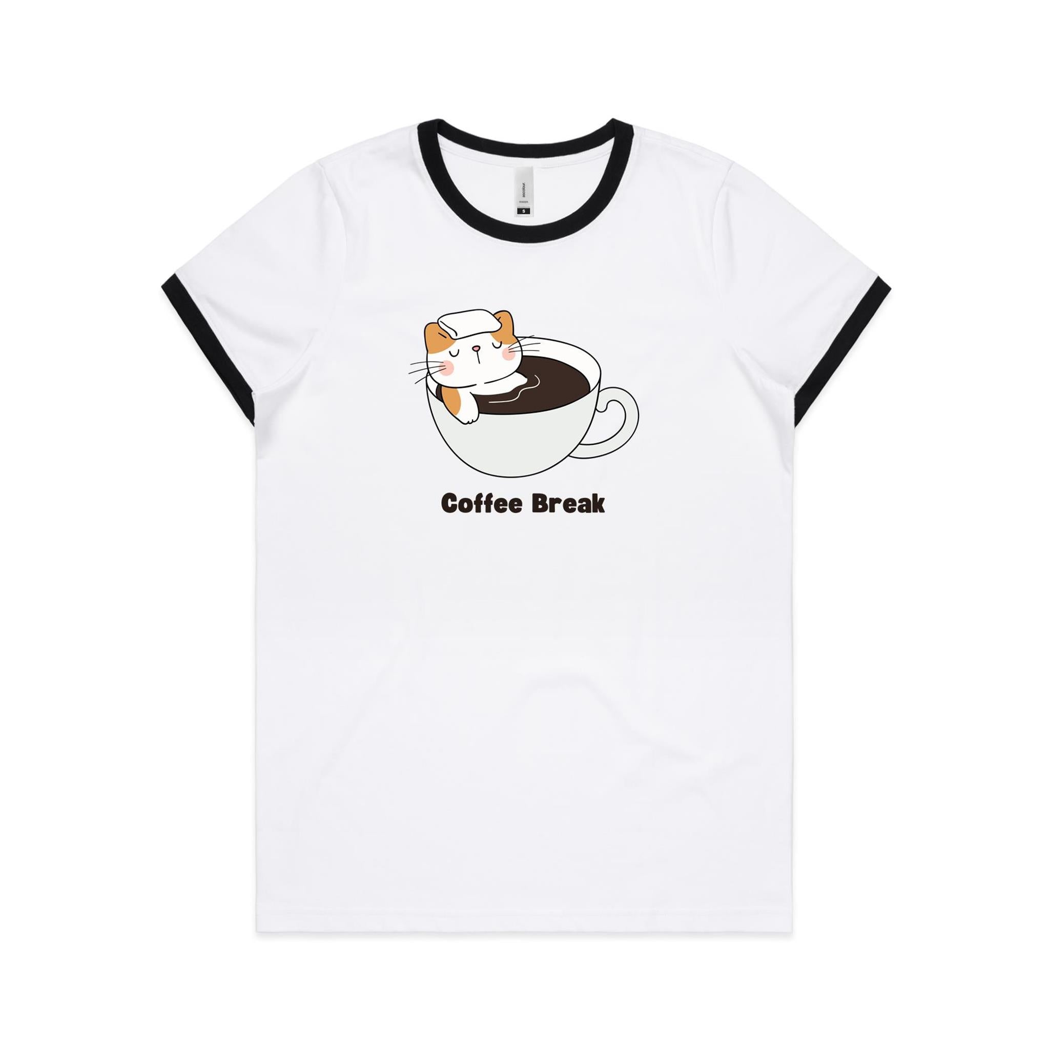 Cat Coffee Break - Women's Ringer Tee White Black Womens Ringer T-shirt animal Coffee Printed In Australia