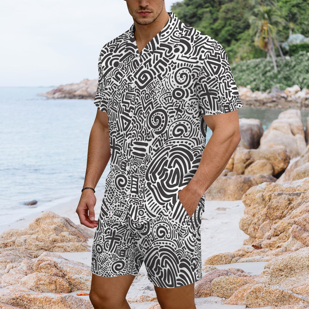 Black And White Abstract Men's Hawaiian Shirt & Shorts Set Men's Hawaiian Shirt & Shorts Set Printed Offshore