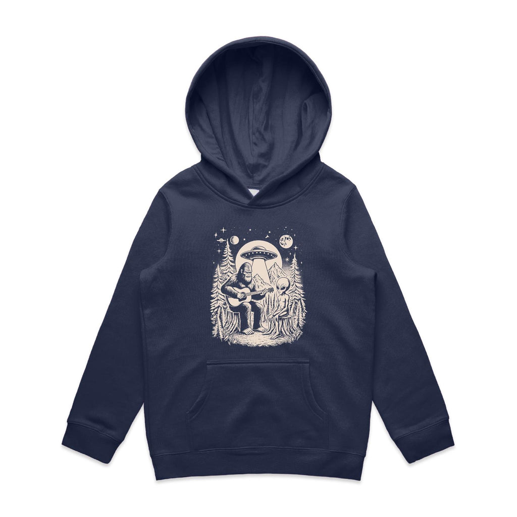 Alien And Bigfoot Playing Guitar - Kids Hoodie Midnight Blue Kids Hoodie Printed In Australia