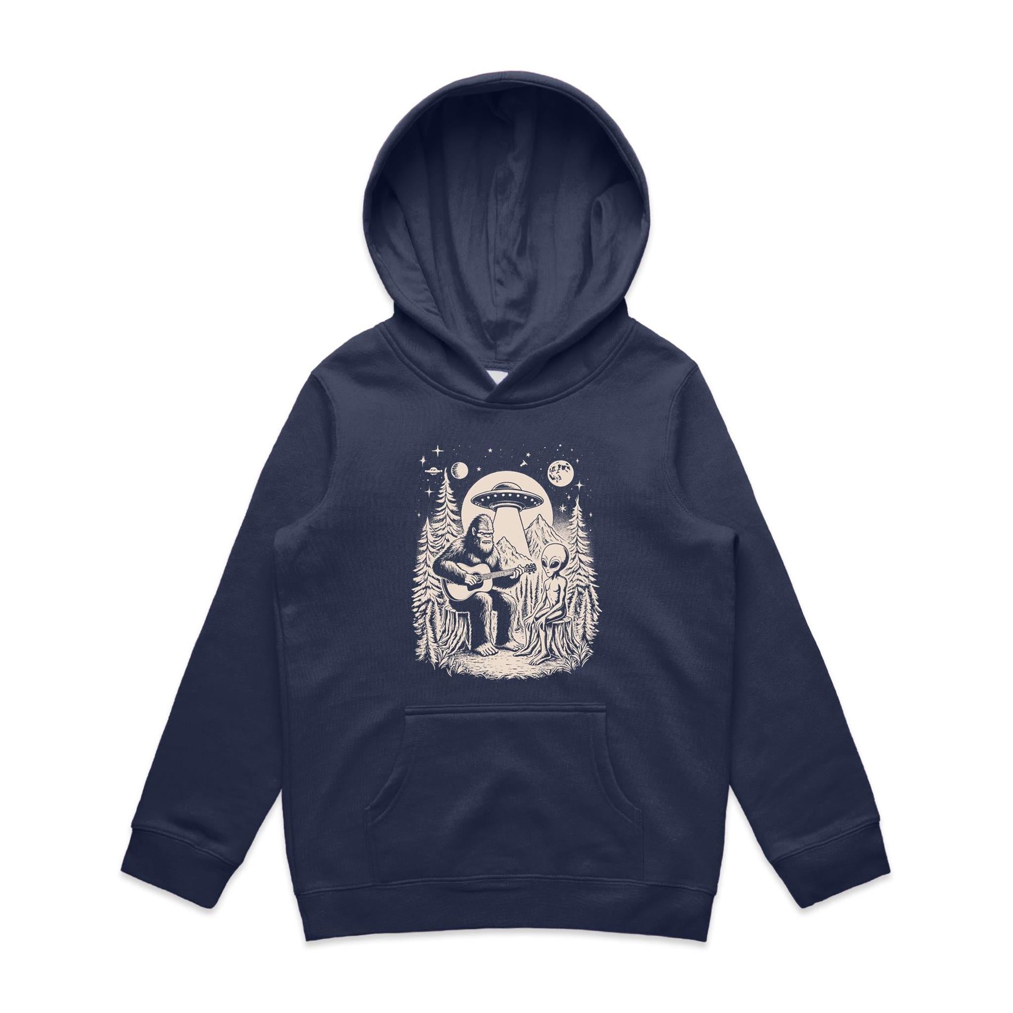 Alien And Bigfoot Playing Guitar - Kids Hoodie Midnight Blue Kids Hoodie Printed In Australia