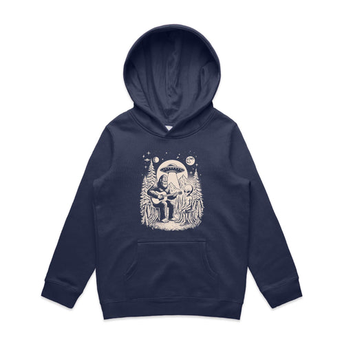 Alien And Bigfoot Playing Guitar - Kids Hoodie Midnight Blue Kids Hoodie Printed In Australia