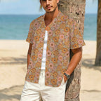 Orange Retro Floral Men's Crinkle Hawaiian Shirt