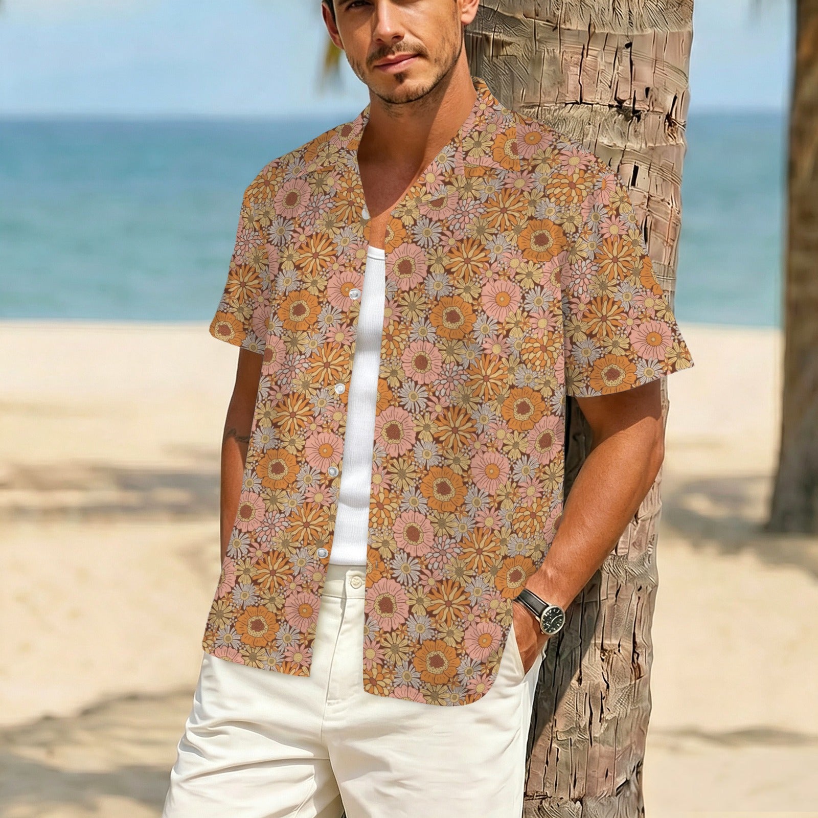 Orange Retro Floral Men's Crinkle Hawaiian Shirt
