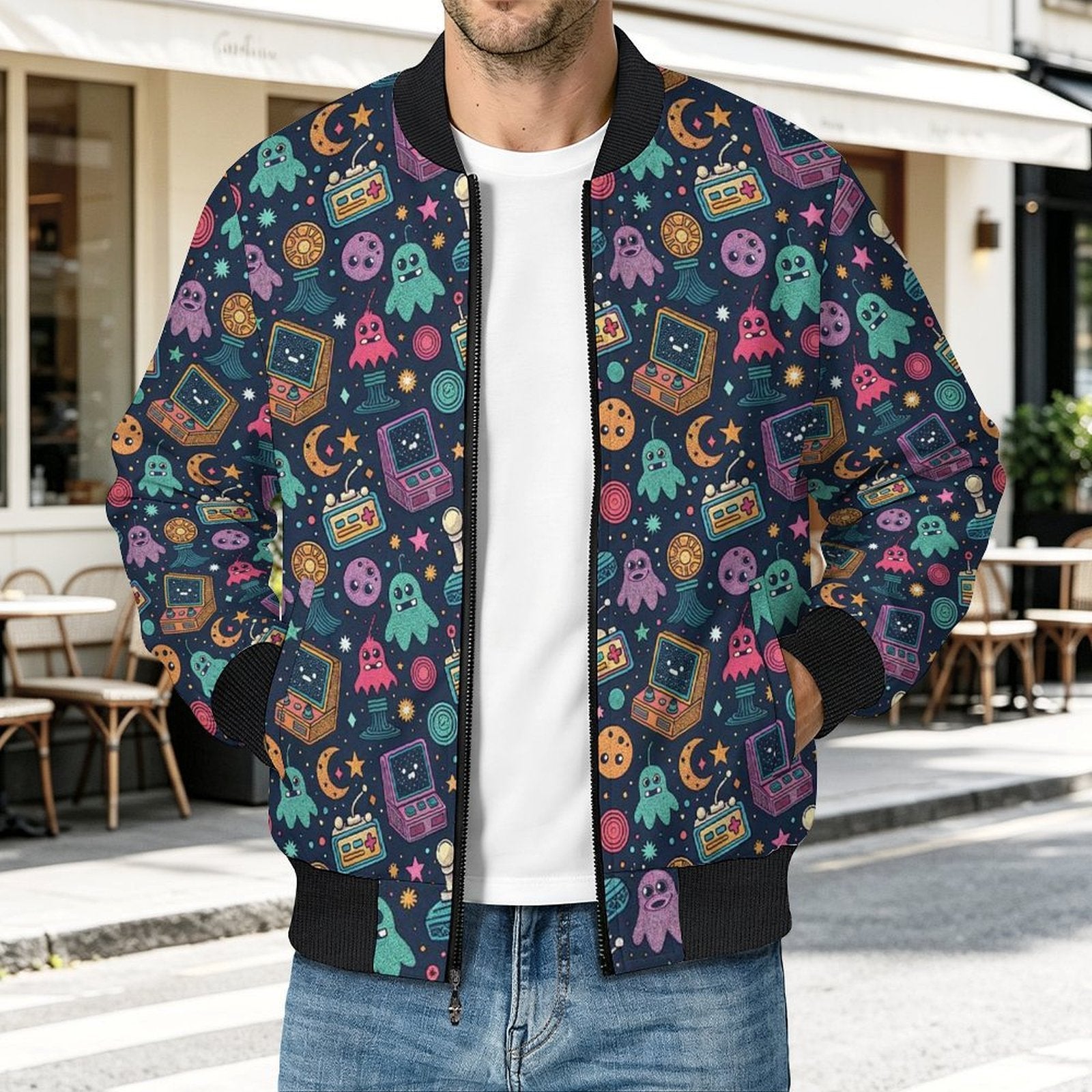 Space Arcade Men's Casual Zip‑Up Bomber Jacket