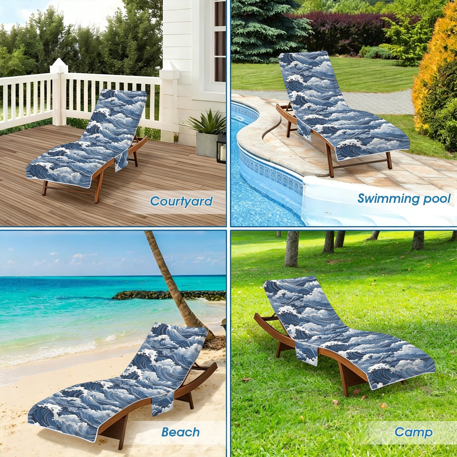 Japanese Waves Beach Chair Towel Cover with Side Pockets