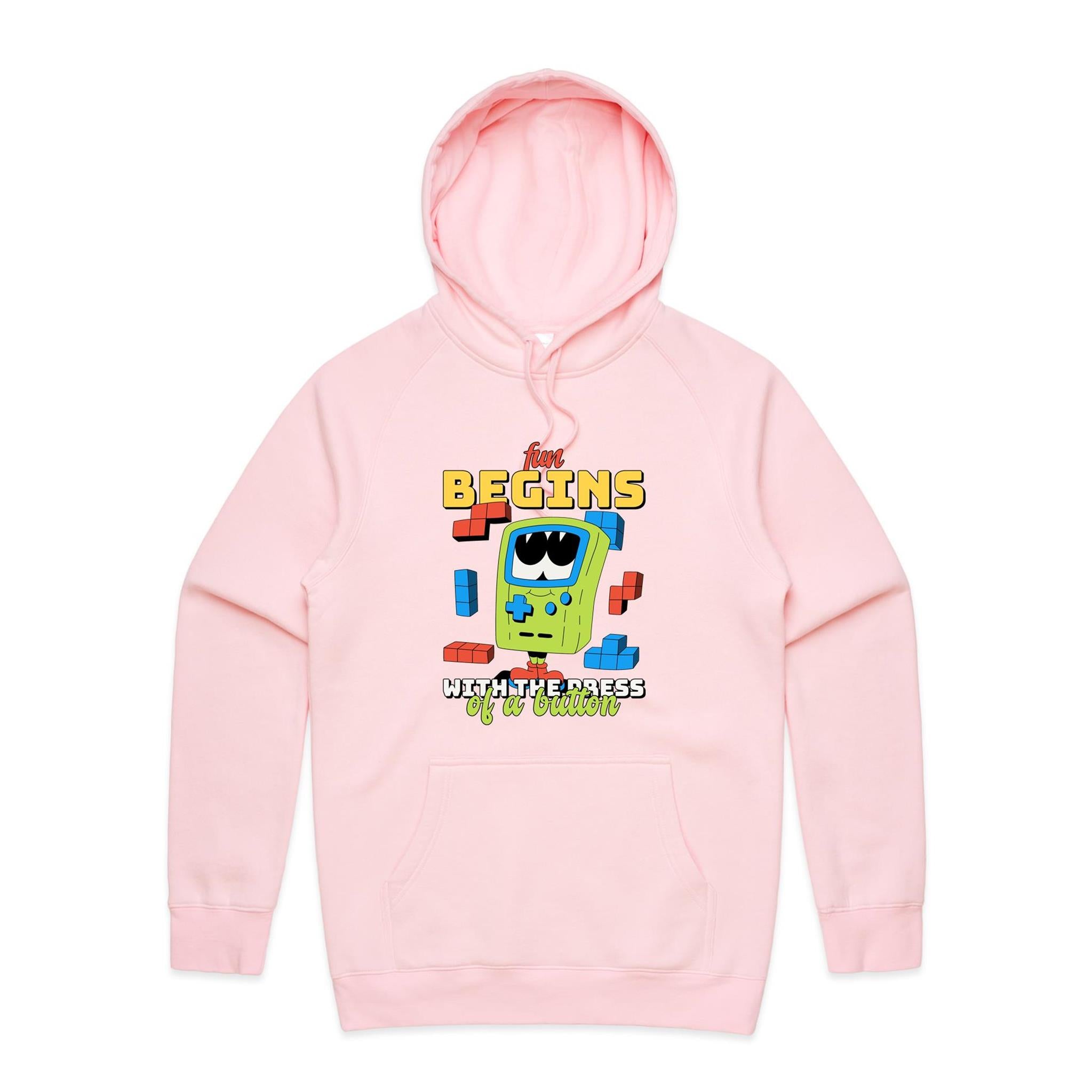 Fun Begins With The Press Of A Button, Games - Mens Hoodie Pink Mens Hoodie Games Printed In Australia