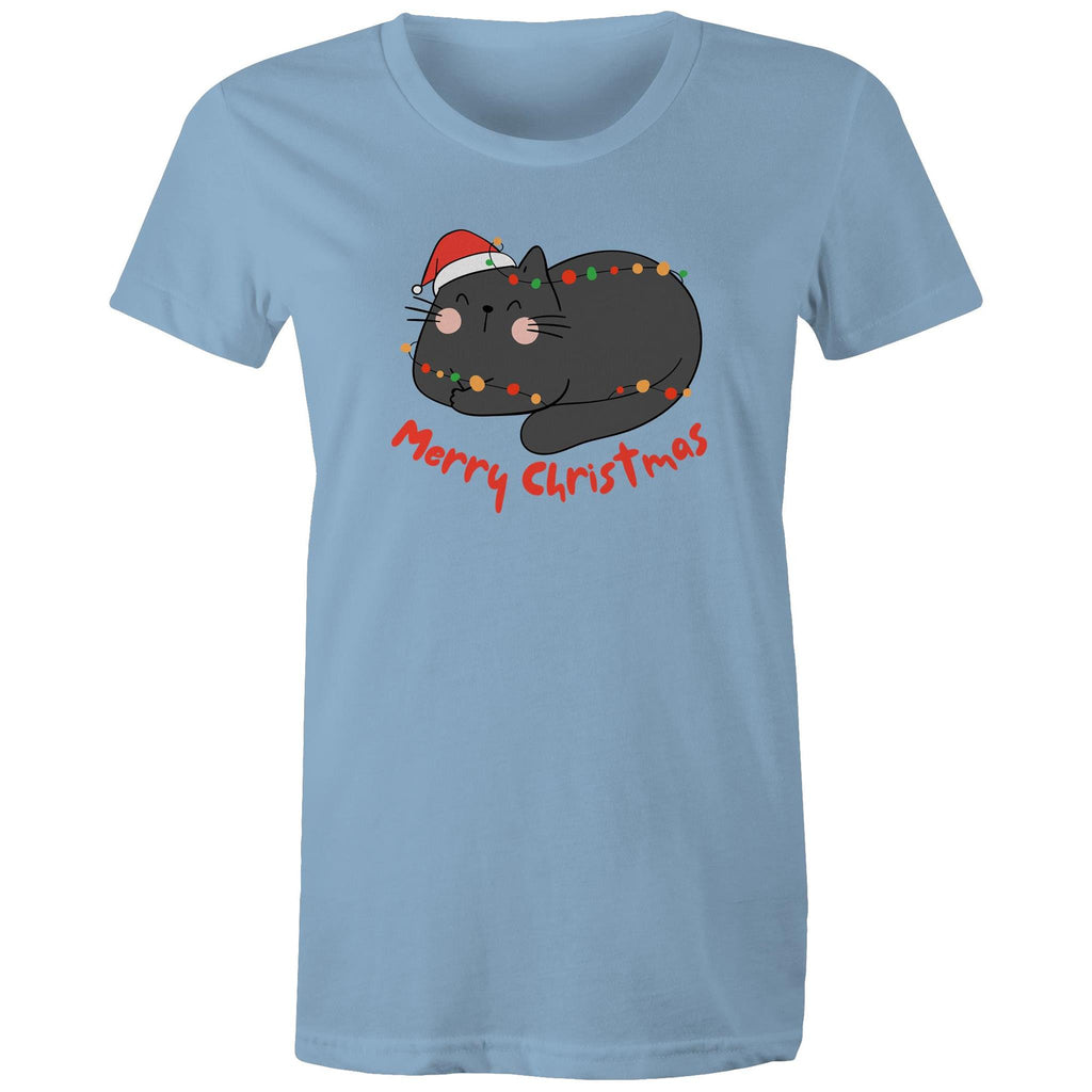 Merry Christmas Cat - Womens T-shirt Carolina Blue Womens Christmas T-shirt Christmas Printed In Australia