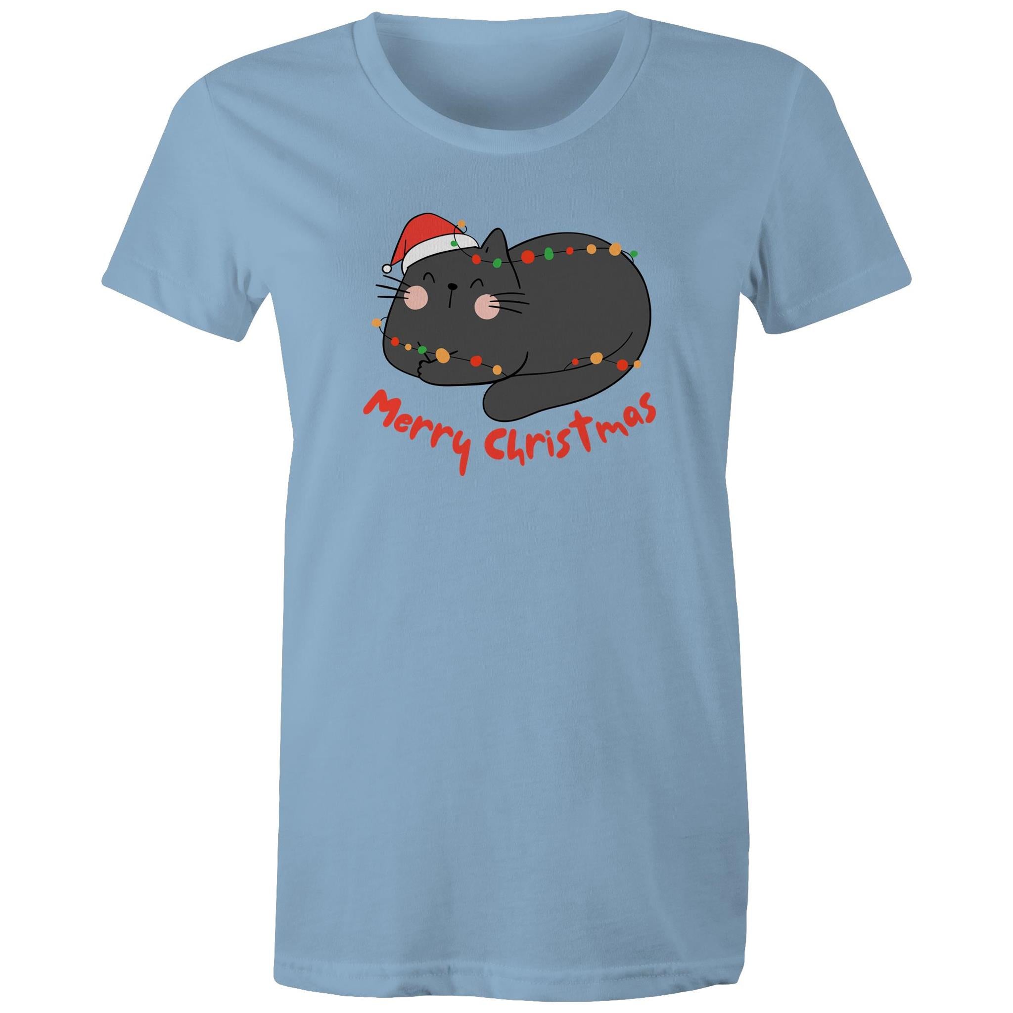 Merry Christmas Cat - Womens T-shirt Carolina Blue Womens Christmas T-shirt Christmas Printed In Australia