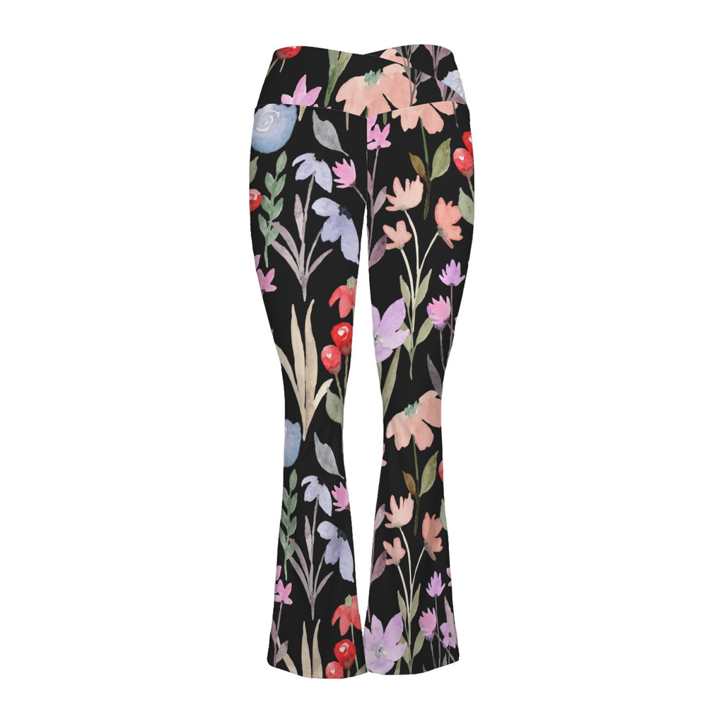 Floral Watercolour High Waist Crossover Tummy Control Flare Leggings High Waist Flare Leggings Plants Printed Offshore