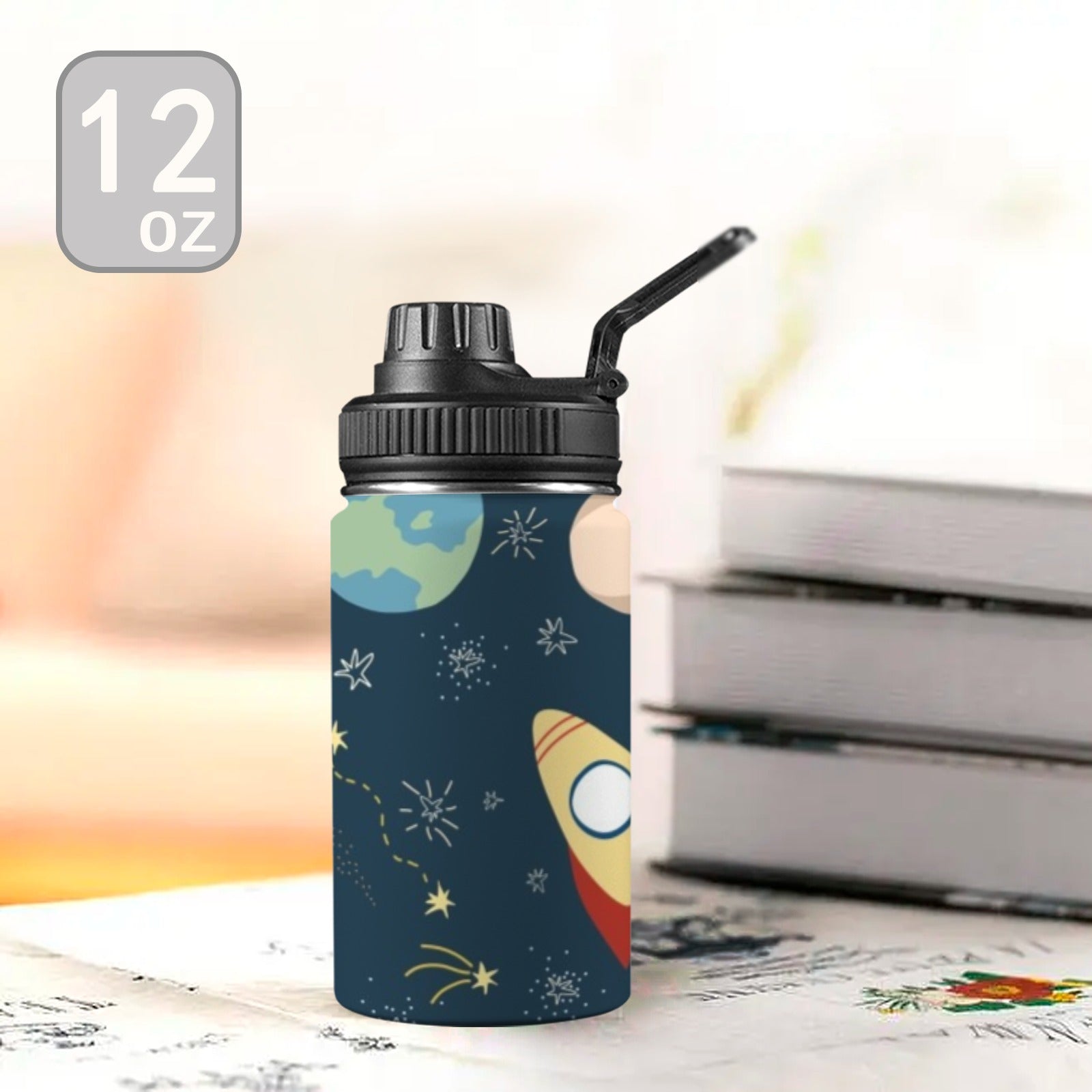 Rocket and Planets In Space - Kids Water Bottle with Chug Lid (12 oz) Kids Water Bottle with Chug Lid Printed Offshore Space