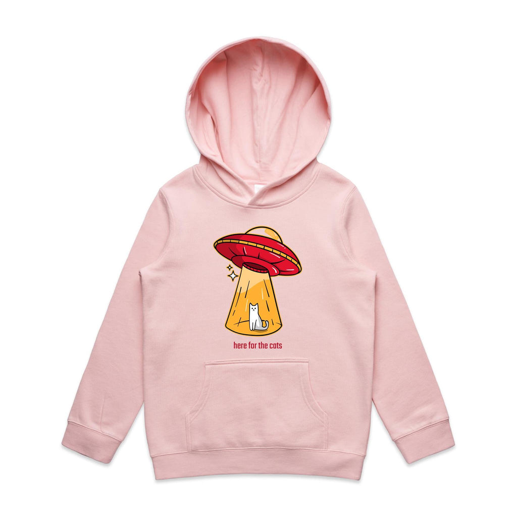 UFO, Here For The Cats - Kids Hoodie Pink Kids Hoodie Printed In Australia