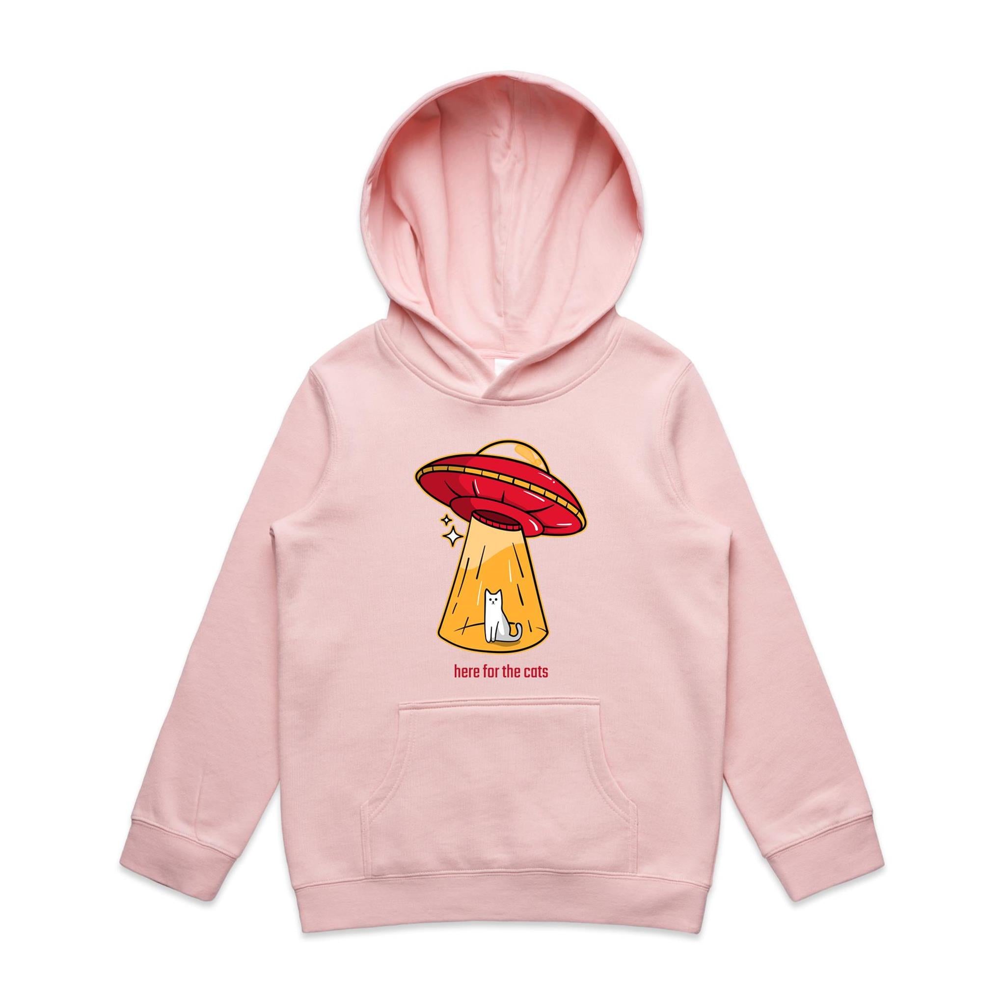 UFO, Here For The Cats - Kids Hoodie Pink Kids Hoodie Printed In Australia