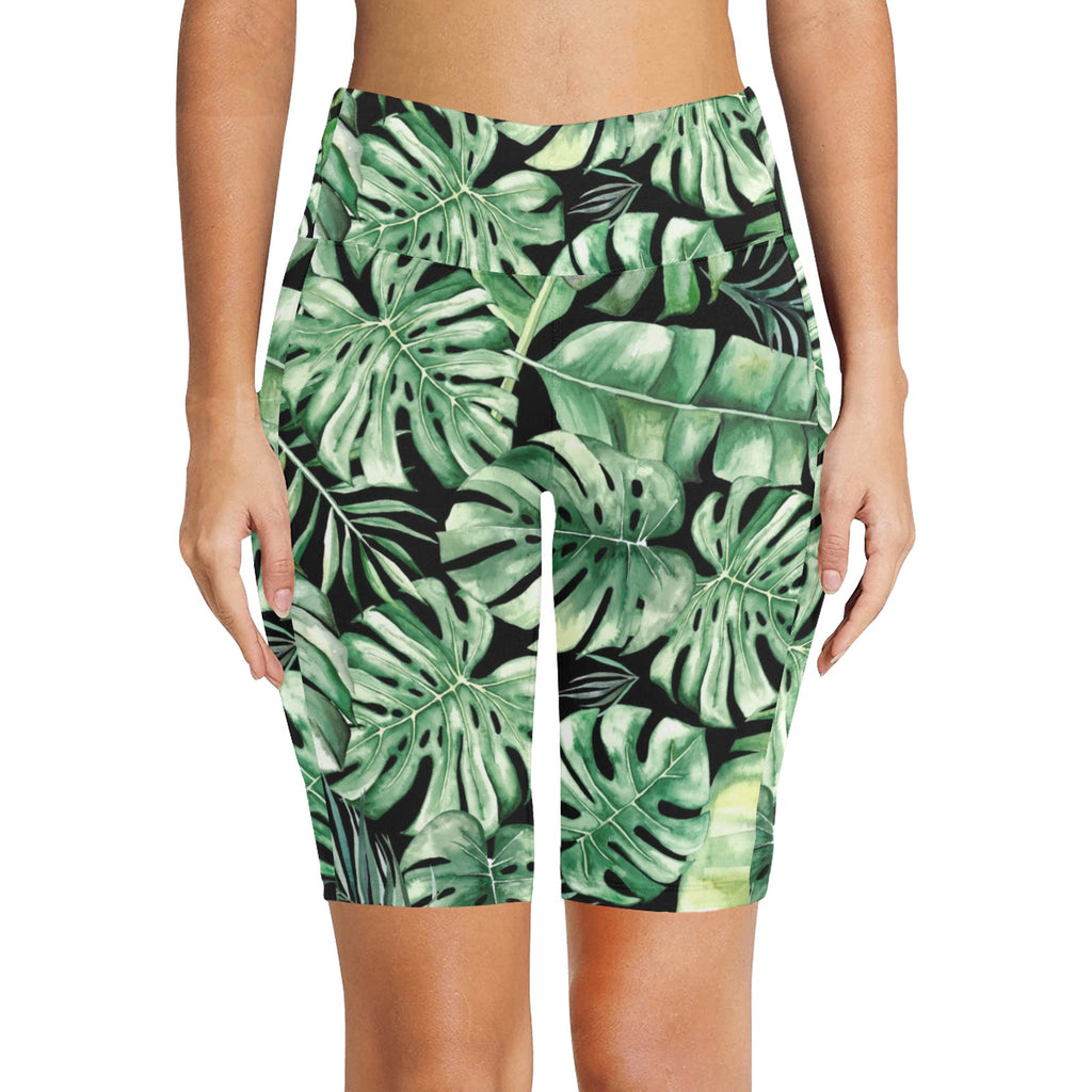 Jungle Leaves Women's Bike Shorts With Side Pockets Women's Bike Shorts Plants Printed Offshore