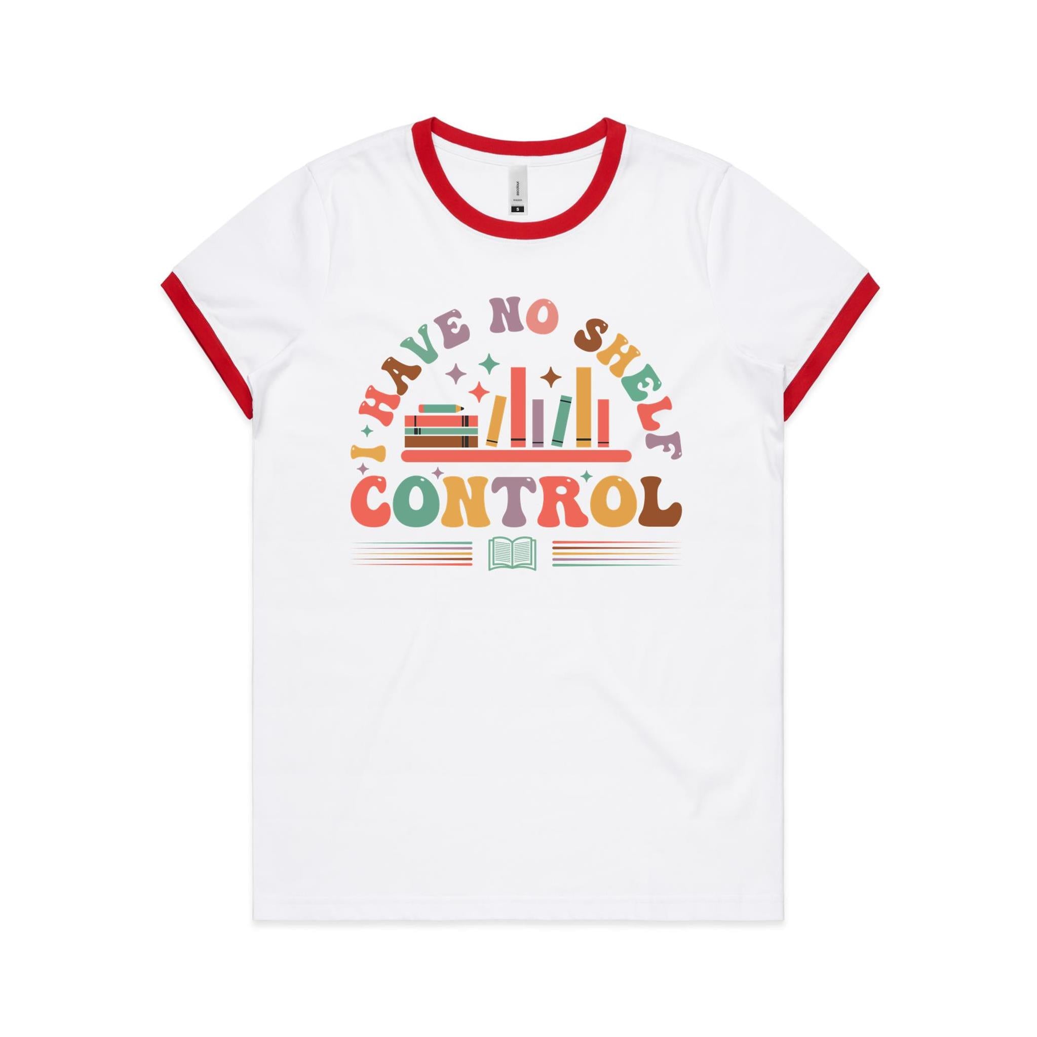 I Have No Shelf Control, Books - Women's Ringer Tee White Red Womens Ringer T-shirt Printed In Australia Reading