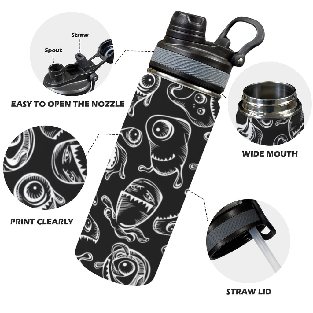 Monsters In Black And White - Insulated Water Bottle with Dual-Use Lid (18oz) Insulated Water Bottle with Dual-Use Lid (18oz) Printed Offshore Sci Fi
