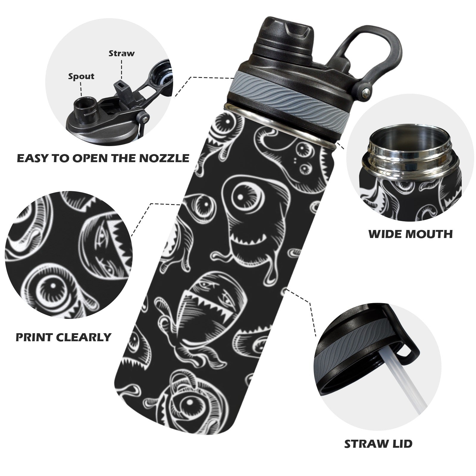 Monsters In Black And White - Insulated Water Bottle with Dual-Use Lid (18oz) Insulated Water Bottle with Dual-Use Lid (18oz) Printed Offshore Sci Fi