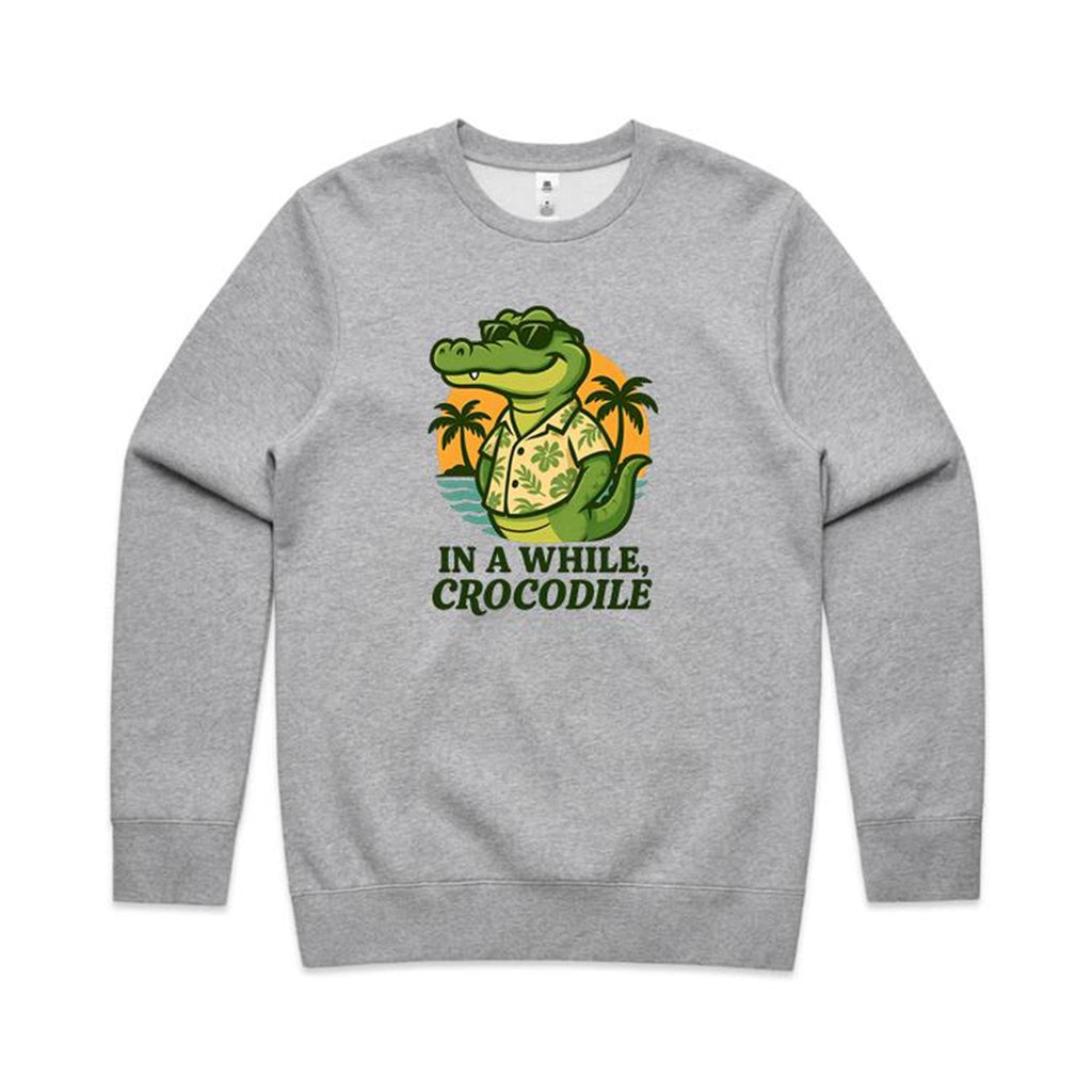 In A While, Crocodile AS Colour Stencil Crew Sweatshirt Unisex Grey Marle Sweatshirt animal Printed In Australia