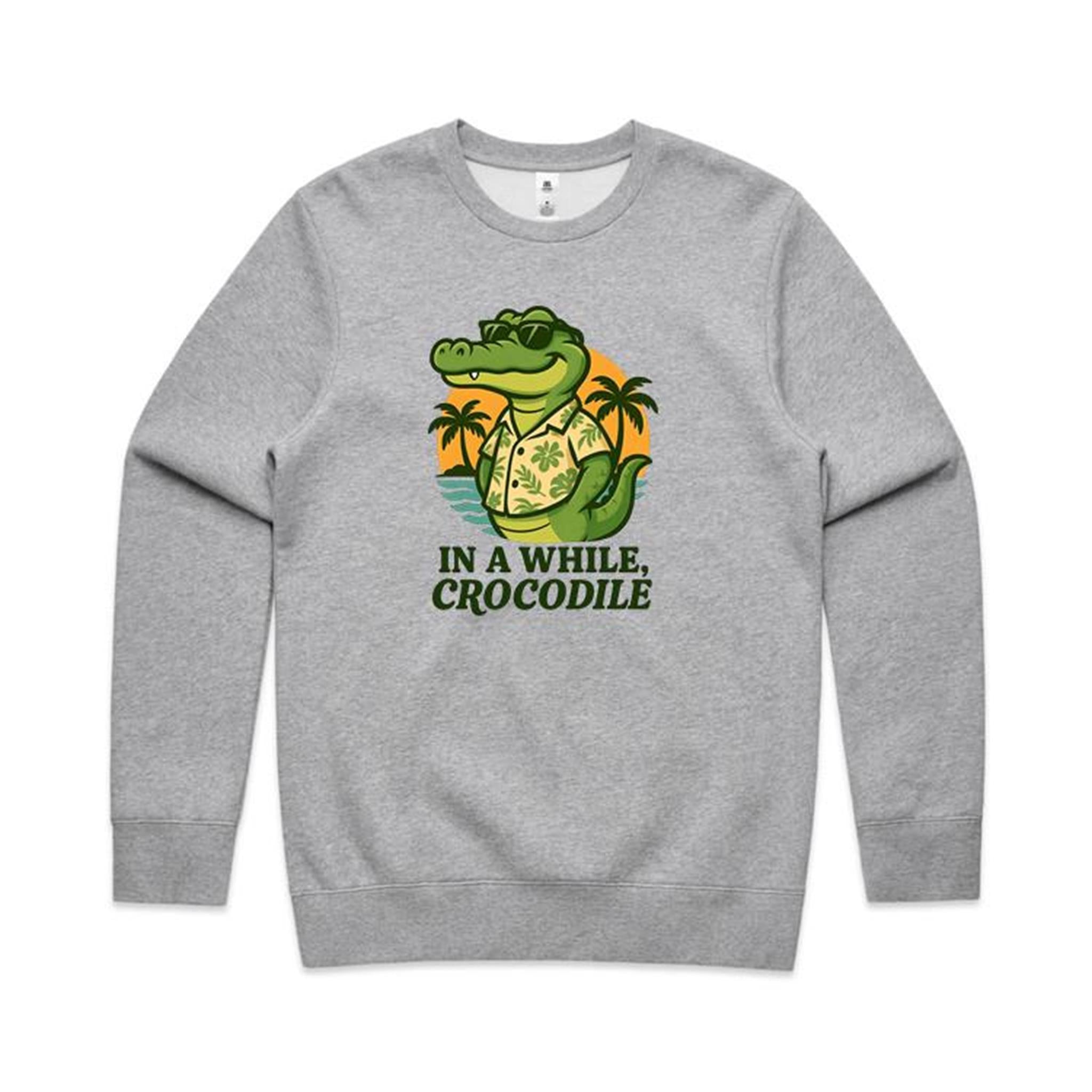 In A While, Crocodile AS Colour Stencil Crew Sweatshirt Unisex Grey Marle Sweatshirt animal Printed In Australia