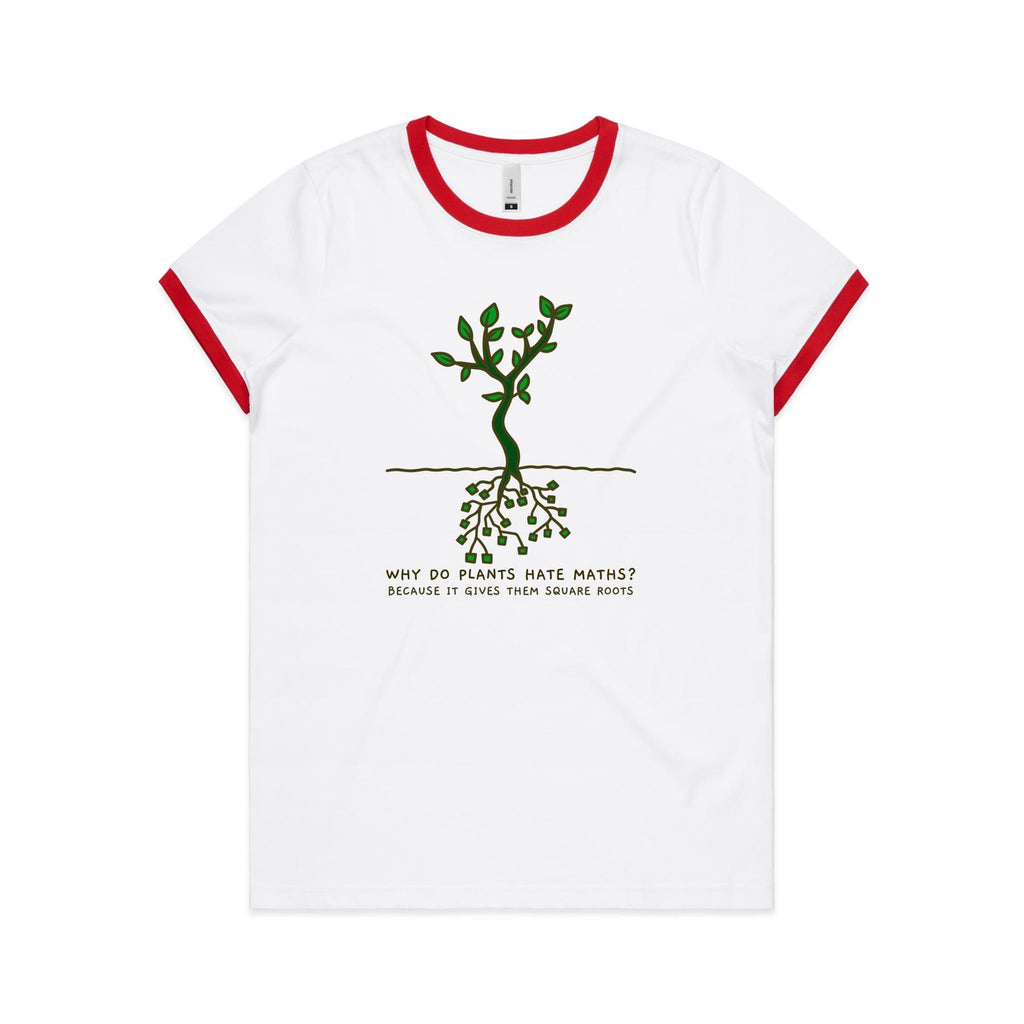 Square Roots, Maths Pun - Women's Ringer Tee White Red Womens Ringer T-shirt Maths Printed In Australia