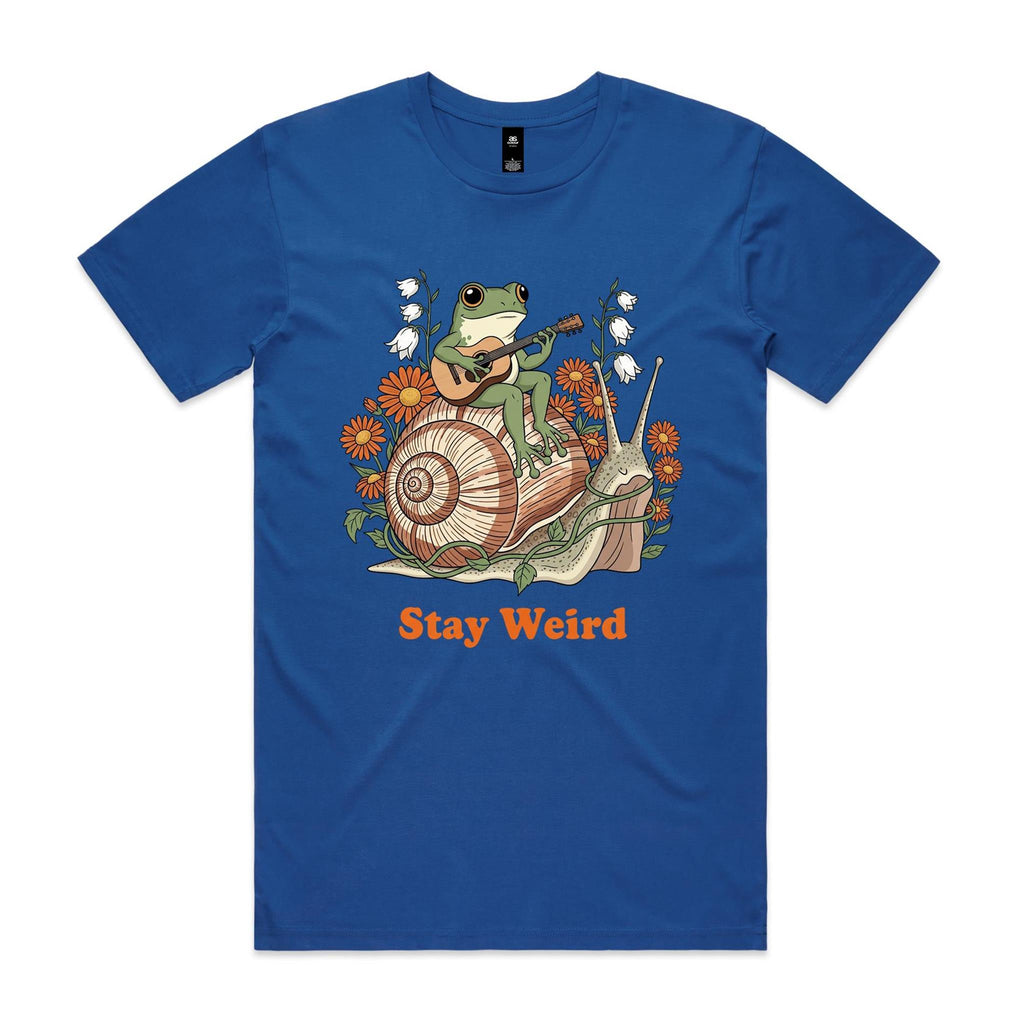 Stay Weird, Guitar Playing Frog On A Snail Men's AS Colour T-shirt Bright Royal Mens T-shirt animal Music Printed In Australia