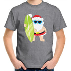 Surf Summer Santa - Kids Youth T-Shirt Grey Marle Kids Christmas T-shirt Christmas Printed In Australia