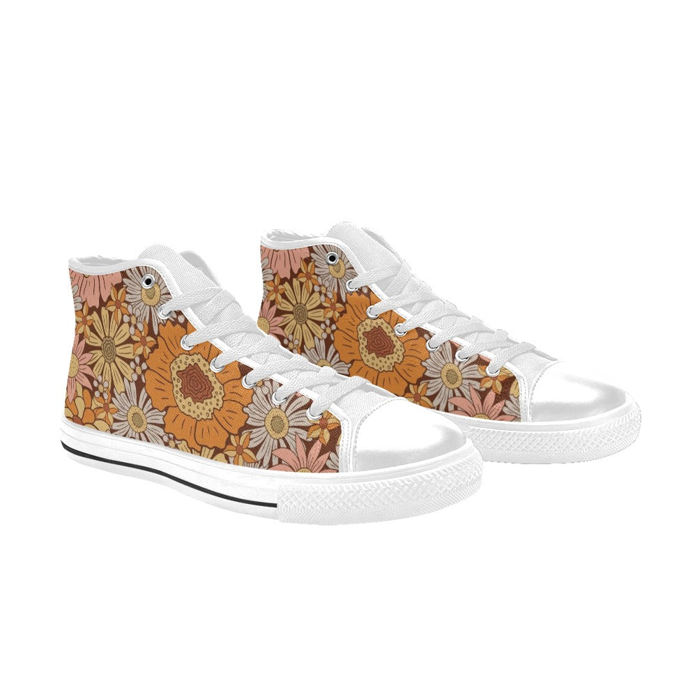 Orange Retro Floral Men's High Top Canvas Shoes Men's Classic High Top Canvas Shoes Plants Printed Offshore