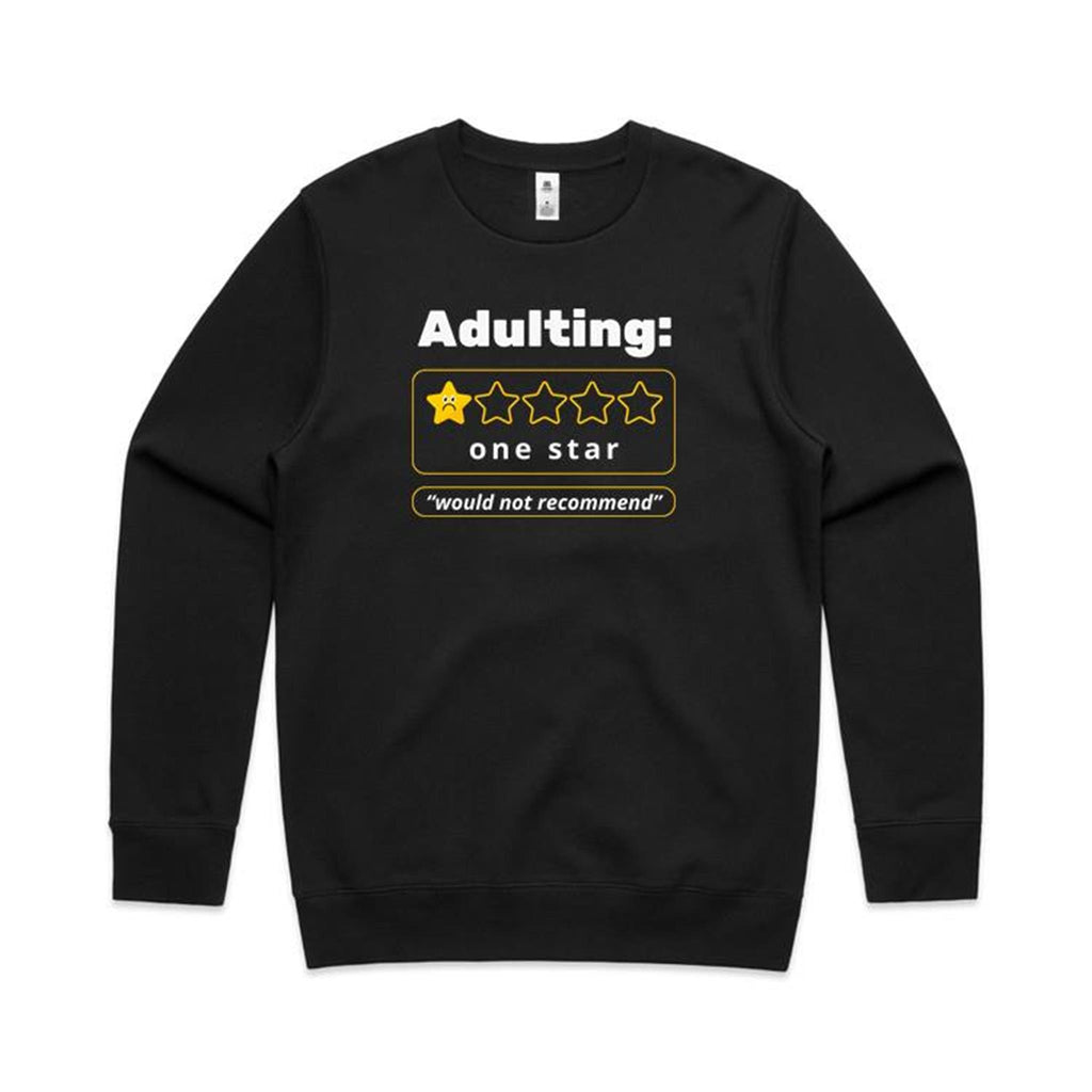 Adulting, One Star - AS Colour Stencil Crew Sweatshirt Black Sweatshirt Printed In Australia